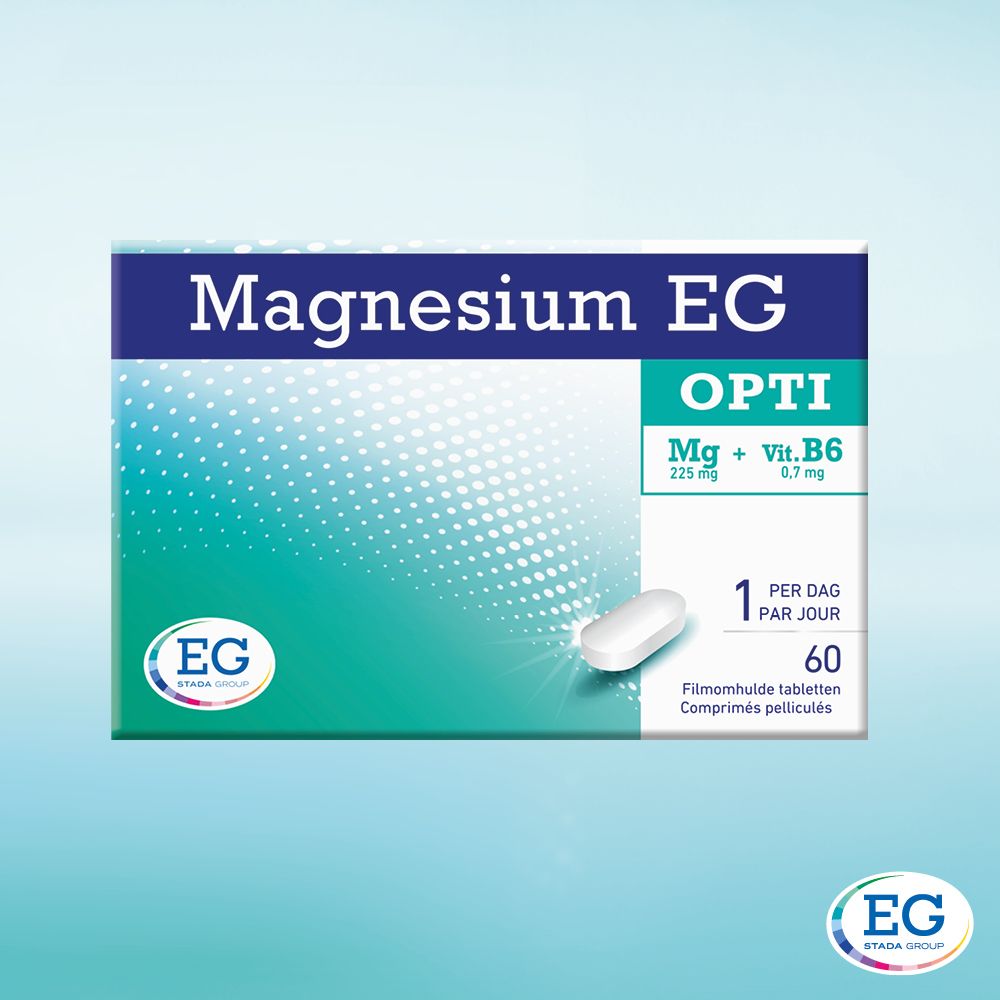 Verpakking Magnesium EG Opti. Blauwe en turquoise verpakking met productinfo en een tablet.