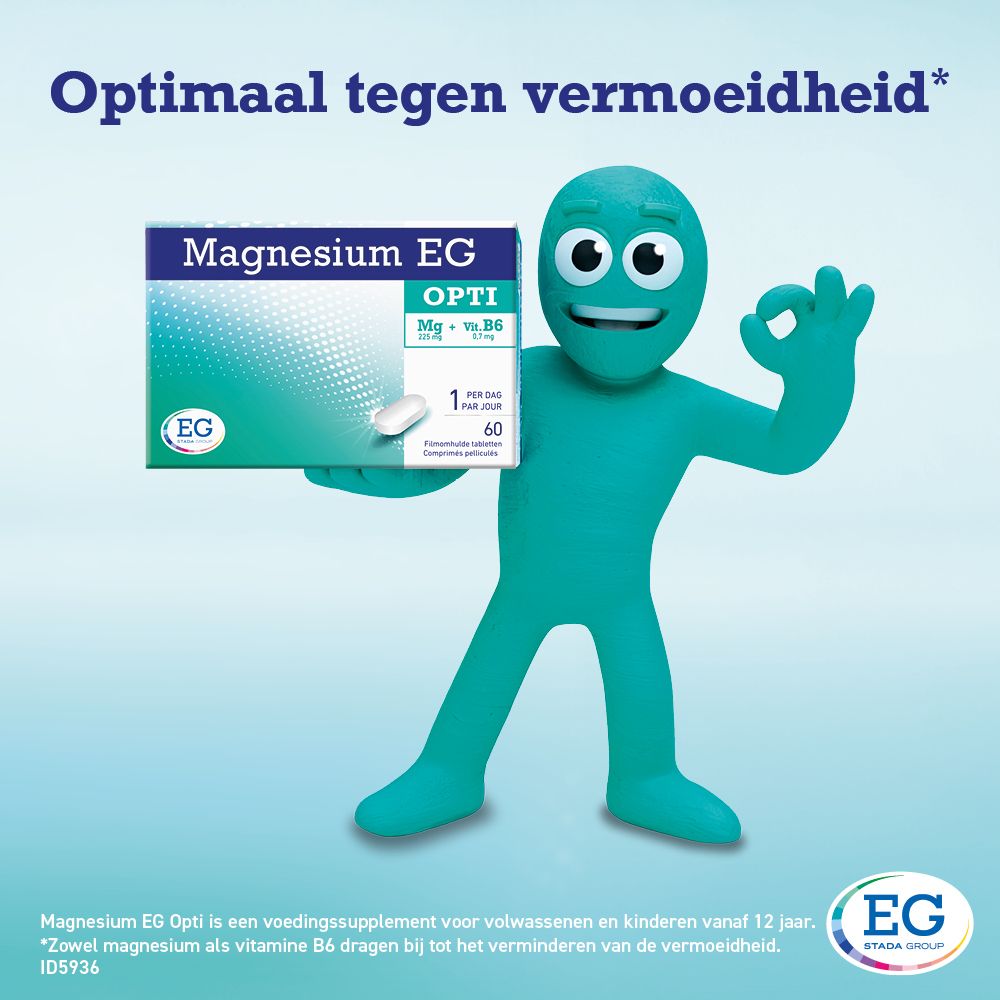 Cartoonfiguur houdt een Magnesium EG Opti-verpakking vast. Tekst: Optimaal tegen vermoeidheid.