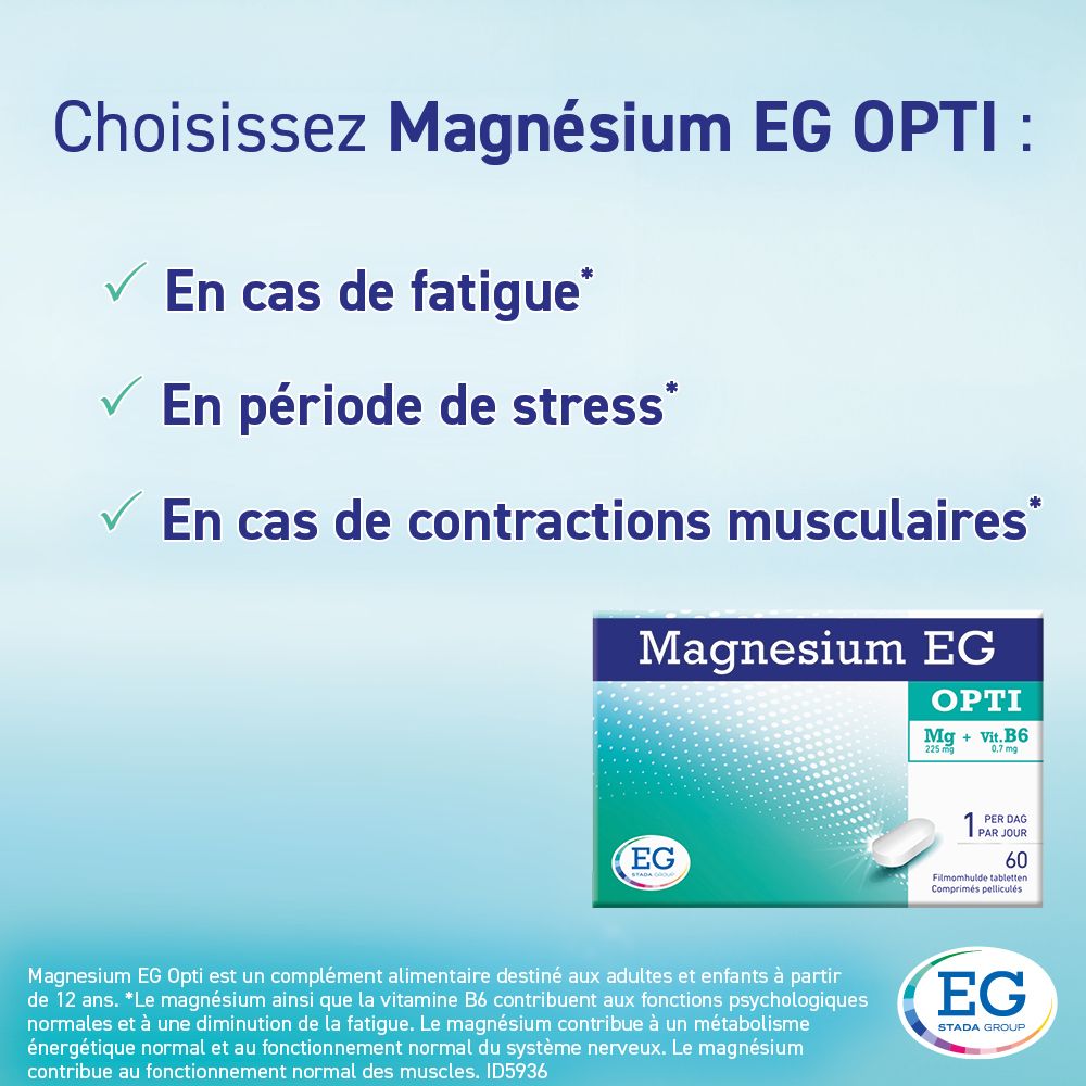 Emballage Magnesium EG Opti. Emballage bleu et turquoise avec informations et une tablette.