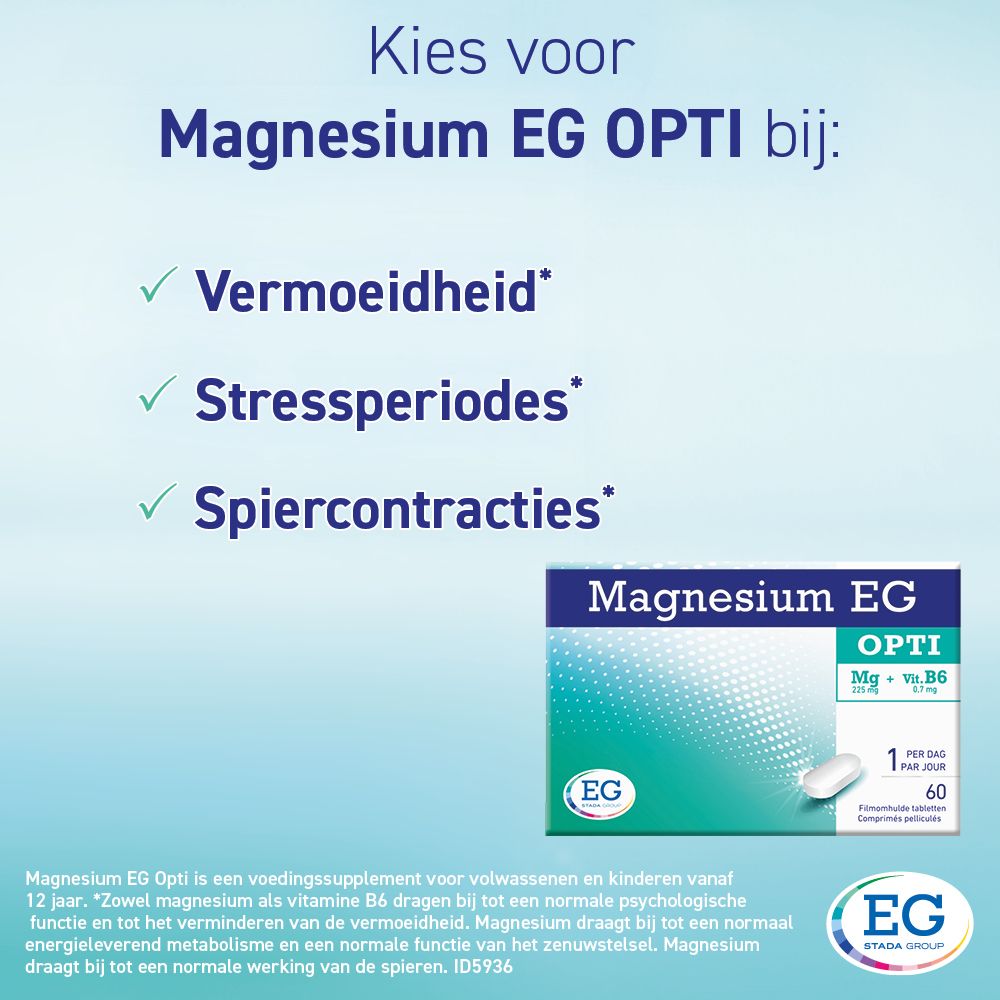Cartoonfiguur houdt een Magnesium EG Opti-verpakking vast. Tekst: Kies voor Magnesium EG Opti.