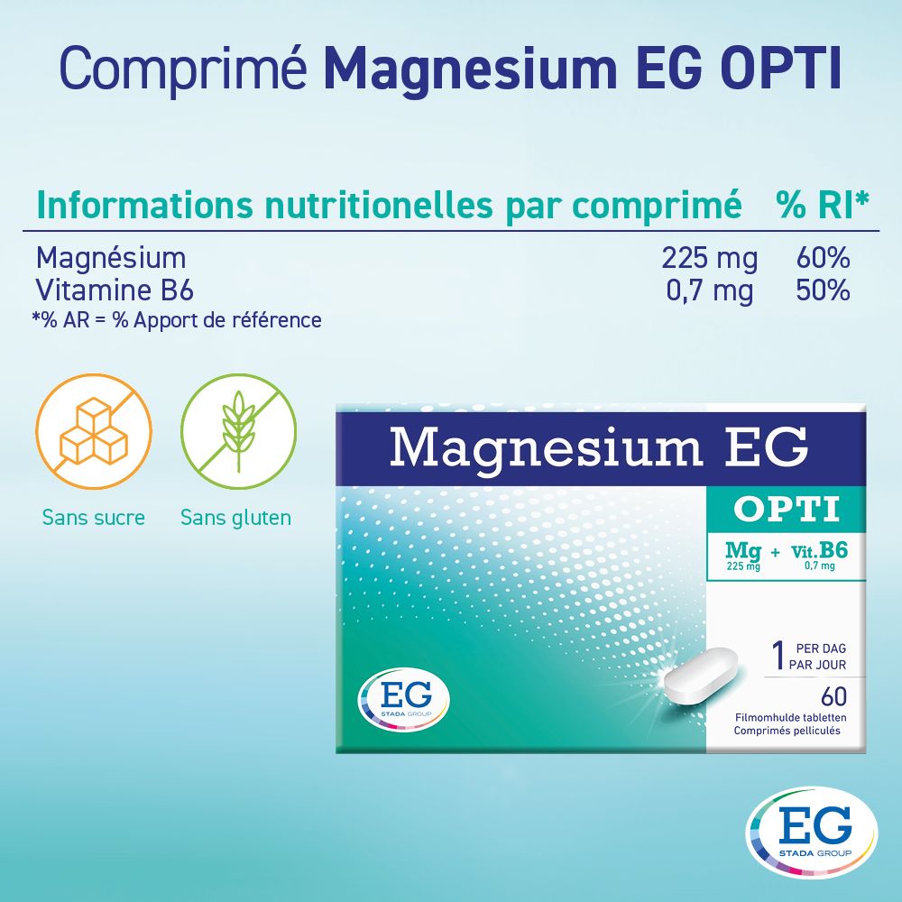 Emballage Magnesium EG Opti. Emballage bleu et turquoise avec informations et une tablette.