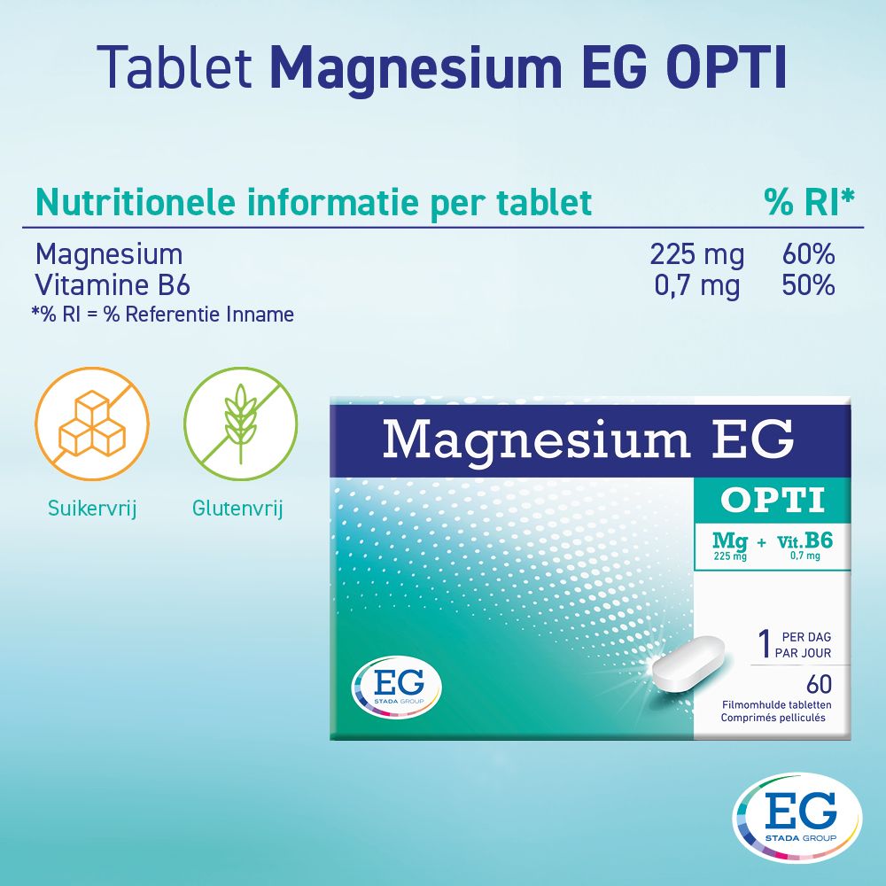 Tabel met voedingswaarde-informatie voor Magnesium EG Opti-tabletten. Bevat magnesium en vitamine B6.