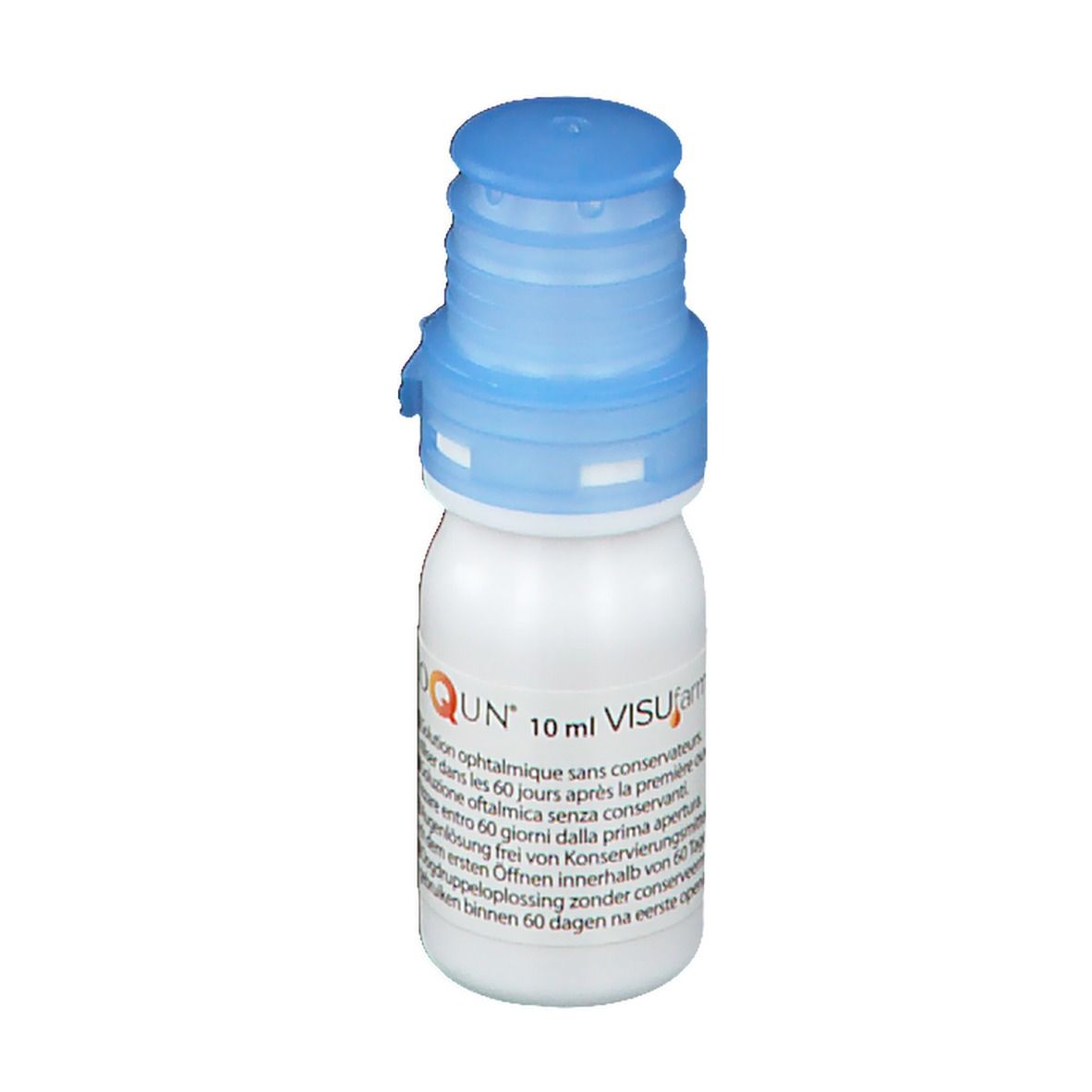 Flacon de gouttes ophtalmiques avec bouchon bleu. Inscription : COQUN, 10 ml VISUfarm. Texte multilingue.