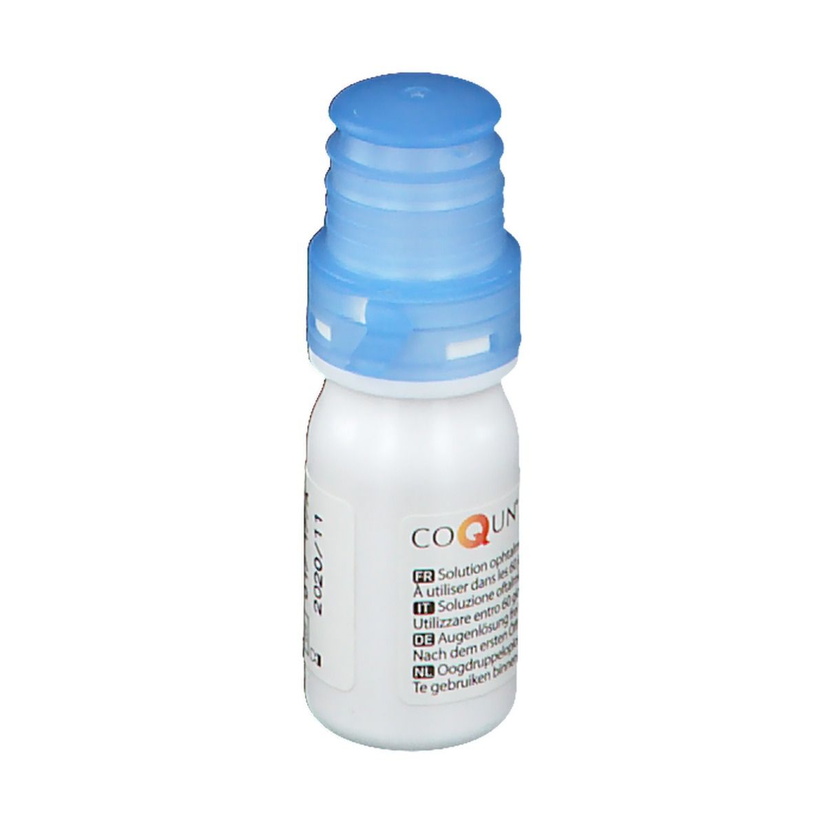 Flacon de gouttes ophtalmiques avec bouchon bleu. Inscription : COQUN. Texte multilingue.