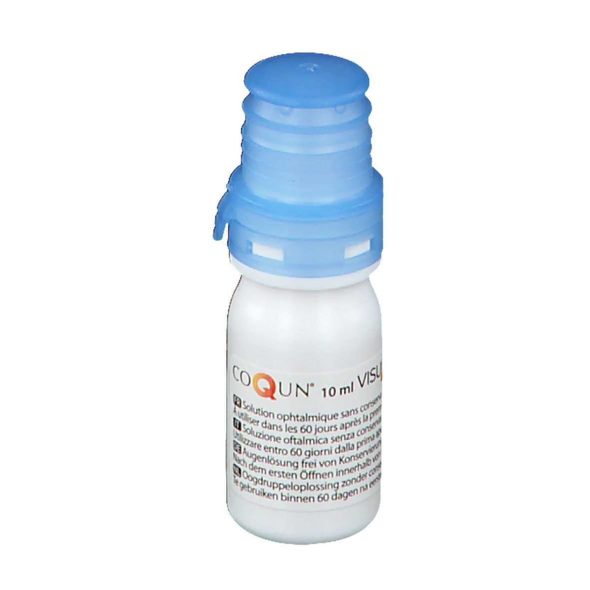Flacon de gouttes ophtalmiques avec bouchon bleu. Inscription : COQUN, 10 ml VISUfarm. Texte multilingue.
