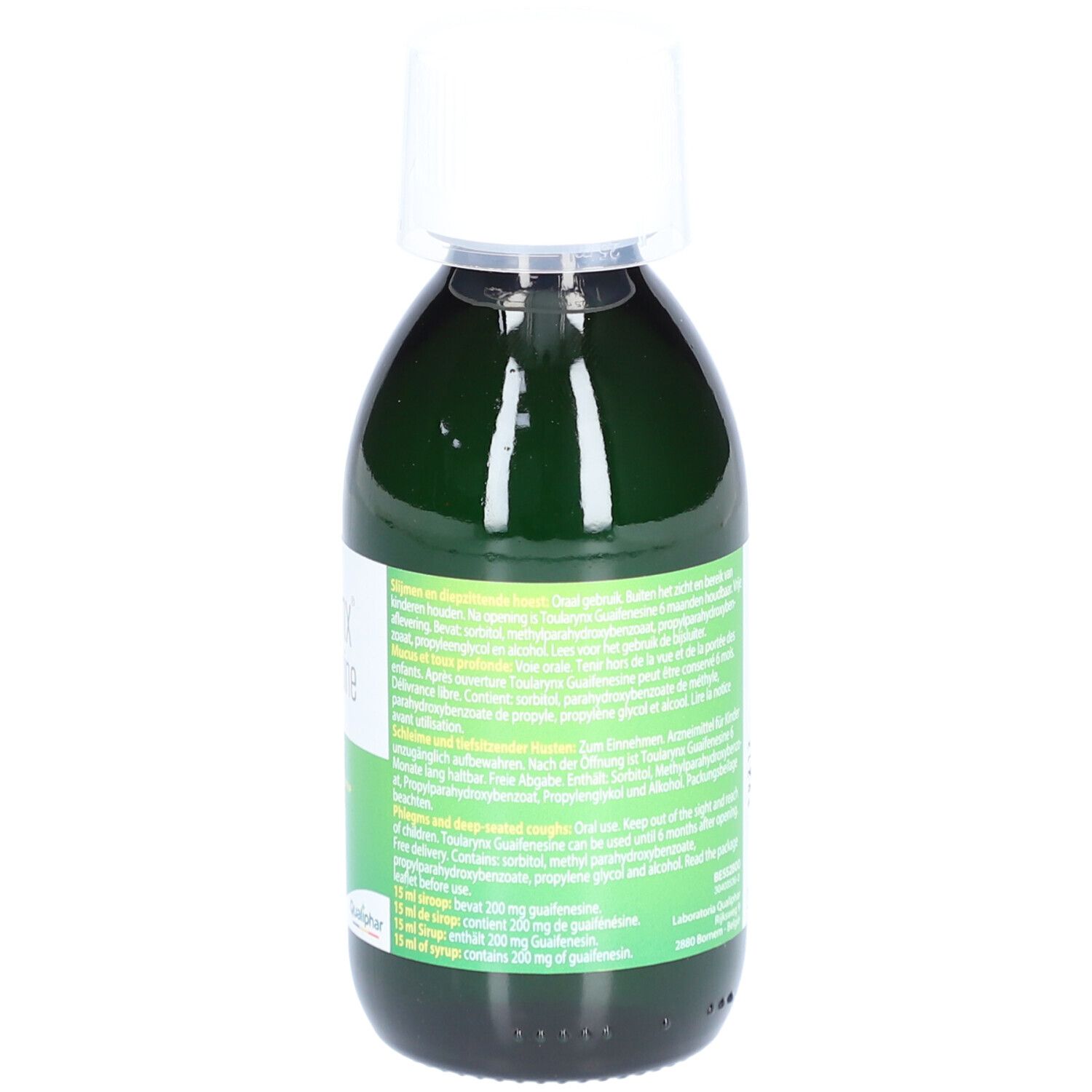 Flacon vert avec bouchon blanc. Étiquette avec informations produit et texte. Logo Qualiphar.
