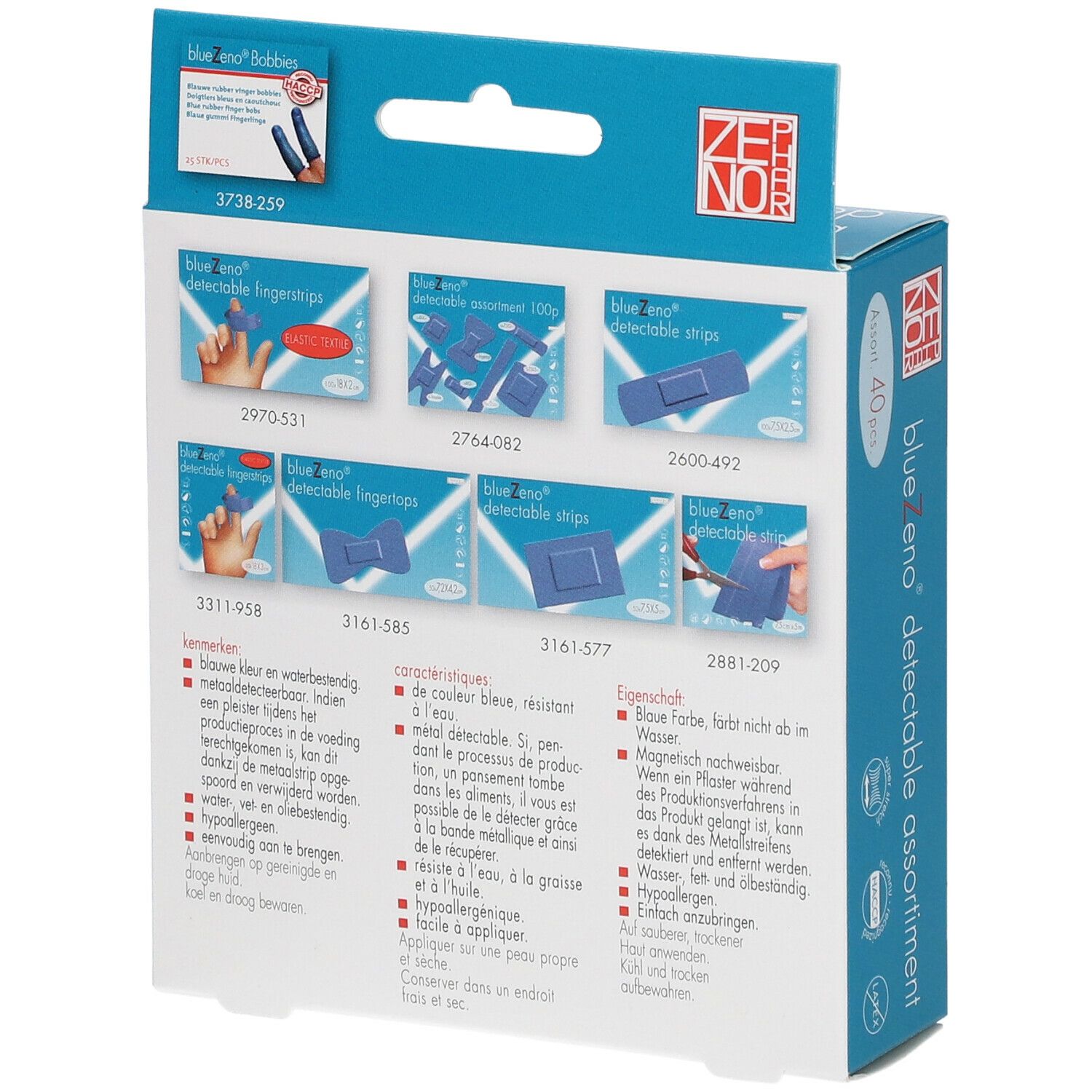 Dos de la boîte avec illustrations et texte du produit. Inscription : blueZeno detectable assortment. 40 pièces.