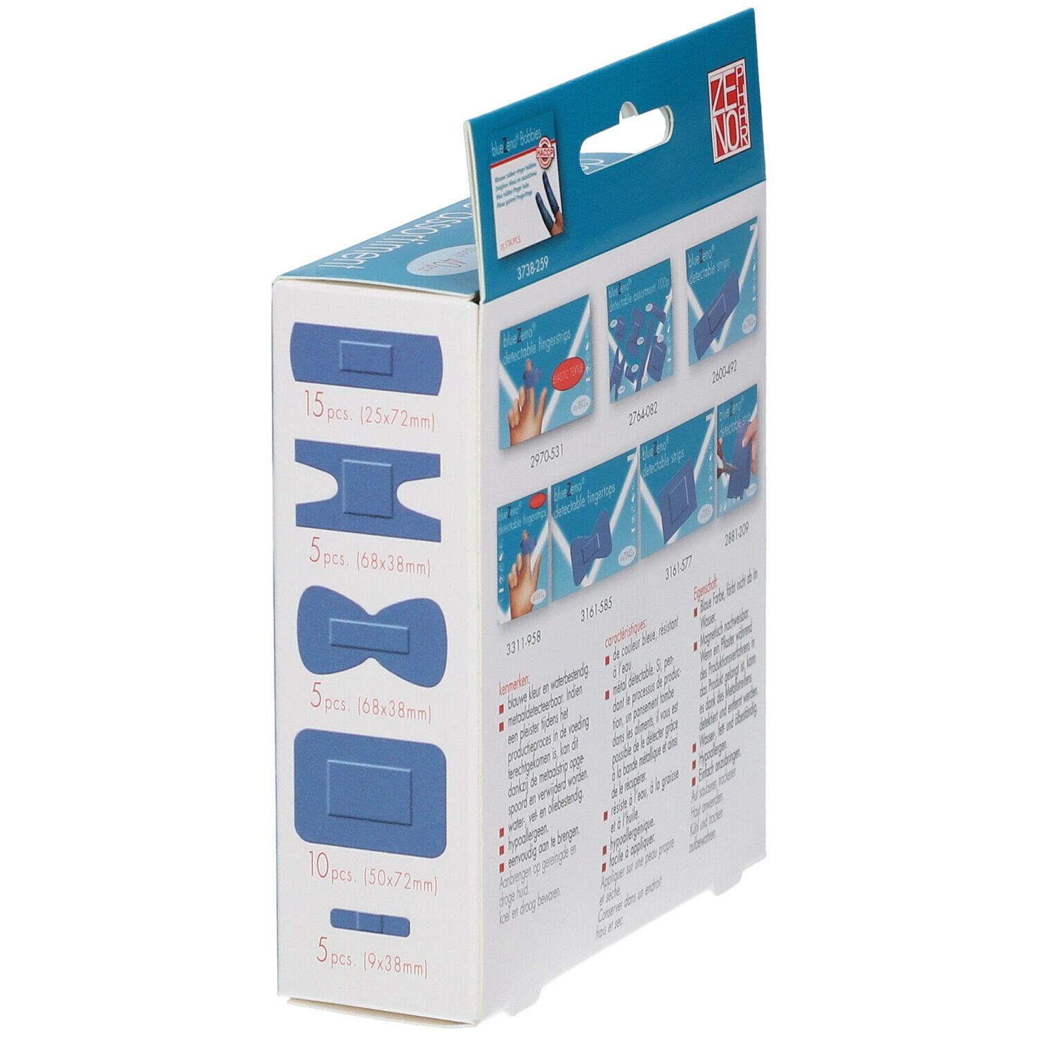 Vue latérale de la boîte avec illustrations et texte du produit. Inscription : blueZeno detectable assortment. 40 pièces.