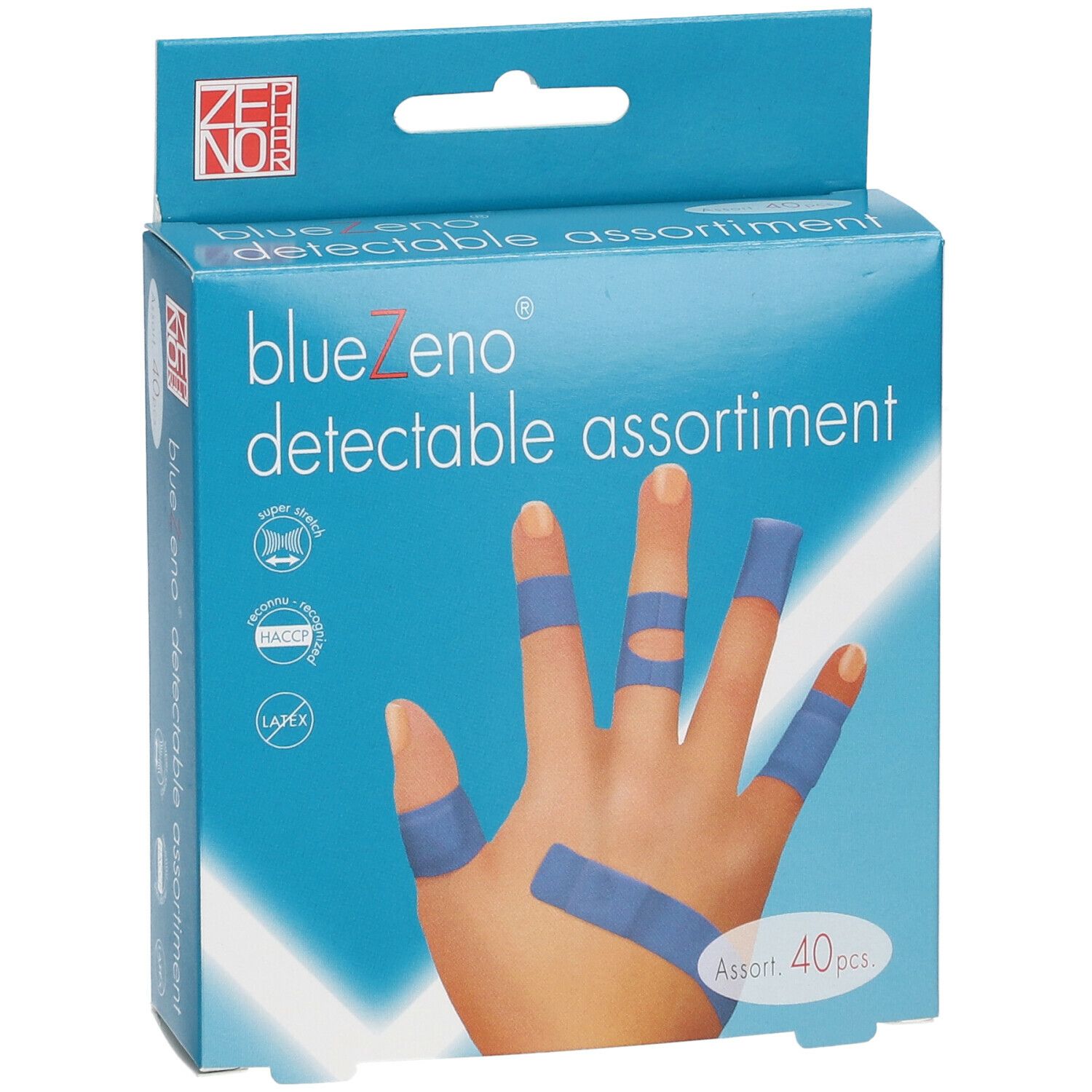 Assortiment de pansements bleus dans une boîte. Main avec pansements bleus. Inscription : blueZeno detectable assortment. 40 pièces.
