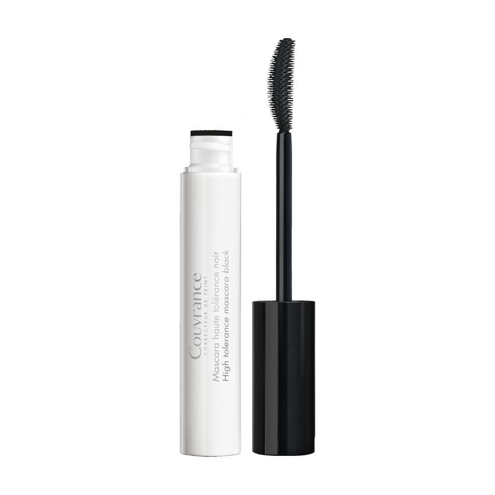 Mascara tube en borstel. Witte tube met zwarte dop. Opschrift: Couvrance, Mascara Haute tolérance noir.
