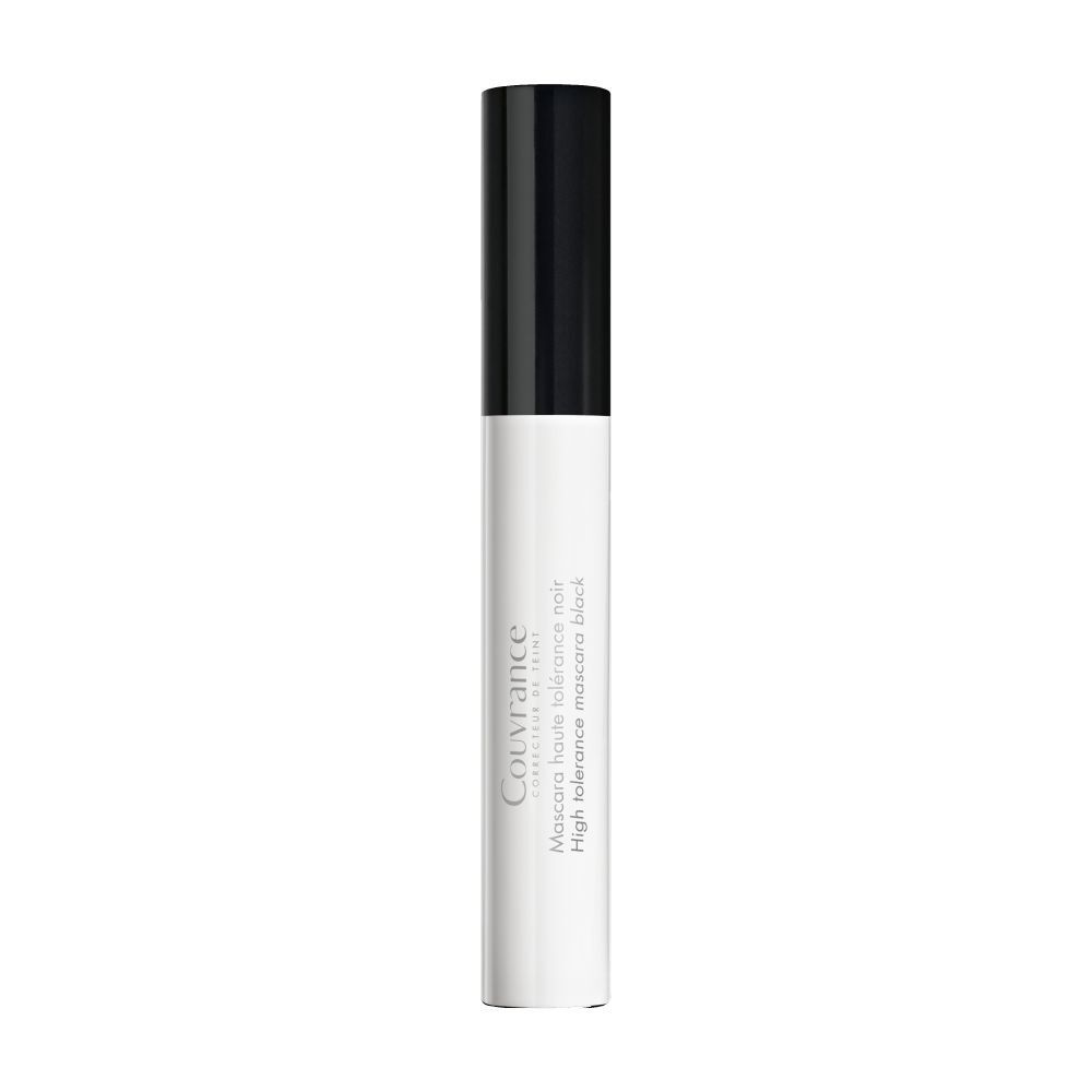 Mascara tube. Witte tube met zwarte dop. Opschrift: Couvrance, Mascara Haute tolérance noir.