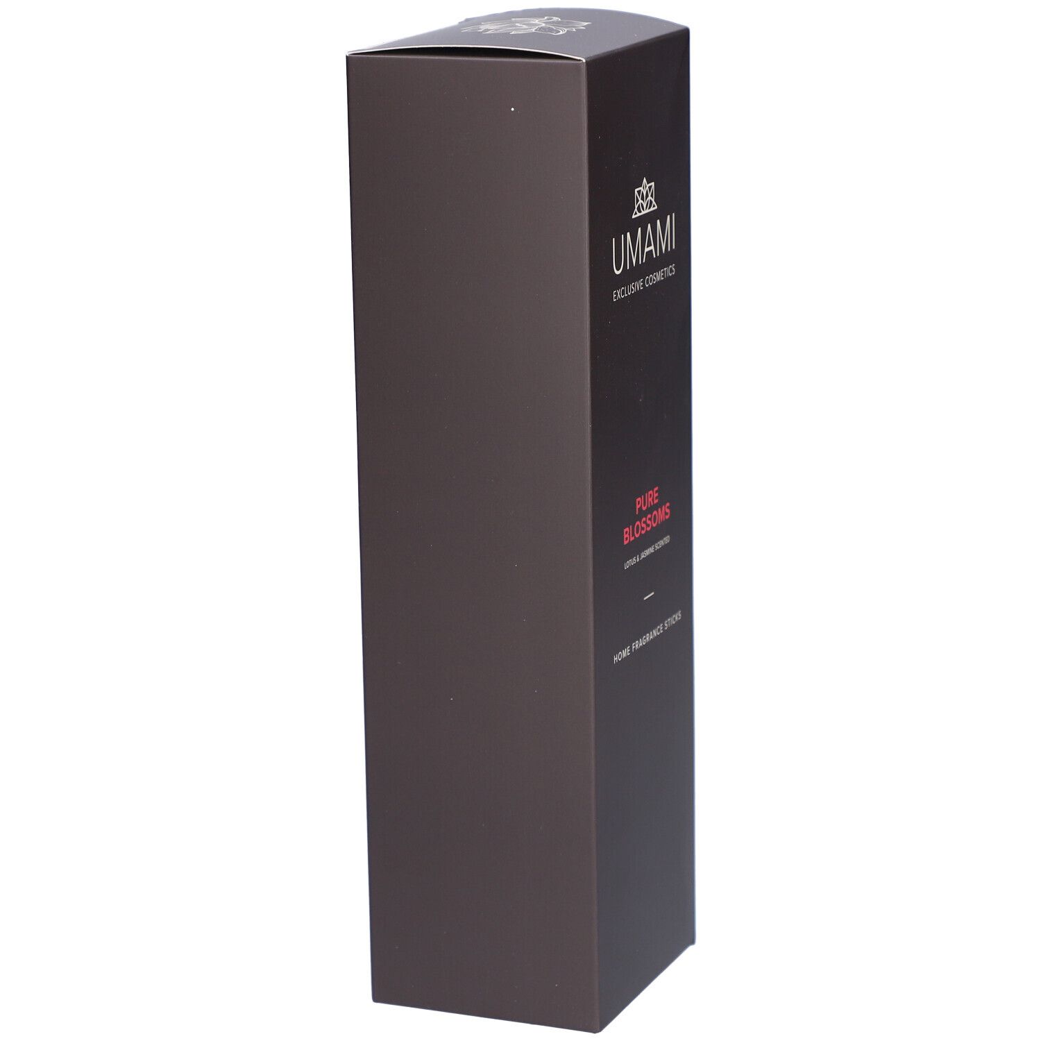 Bruine verpakking, schuin. Logo UMAMI. Productnaam: Pure Blossoms. Home Fragrance Sticks. Smalle, hoge vorm. Zijaanzicht.