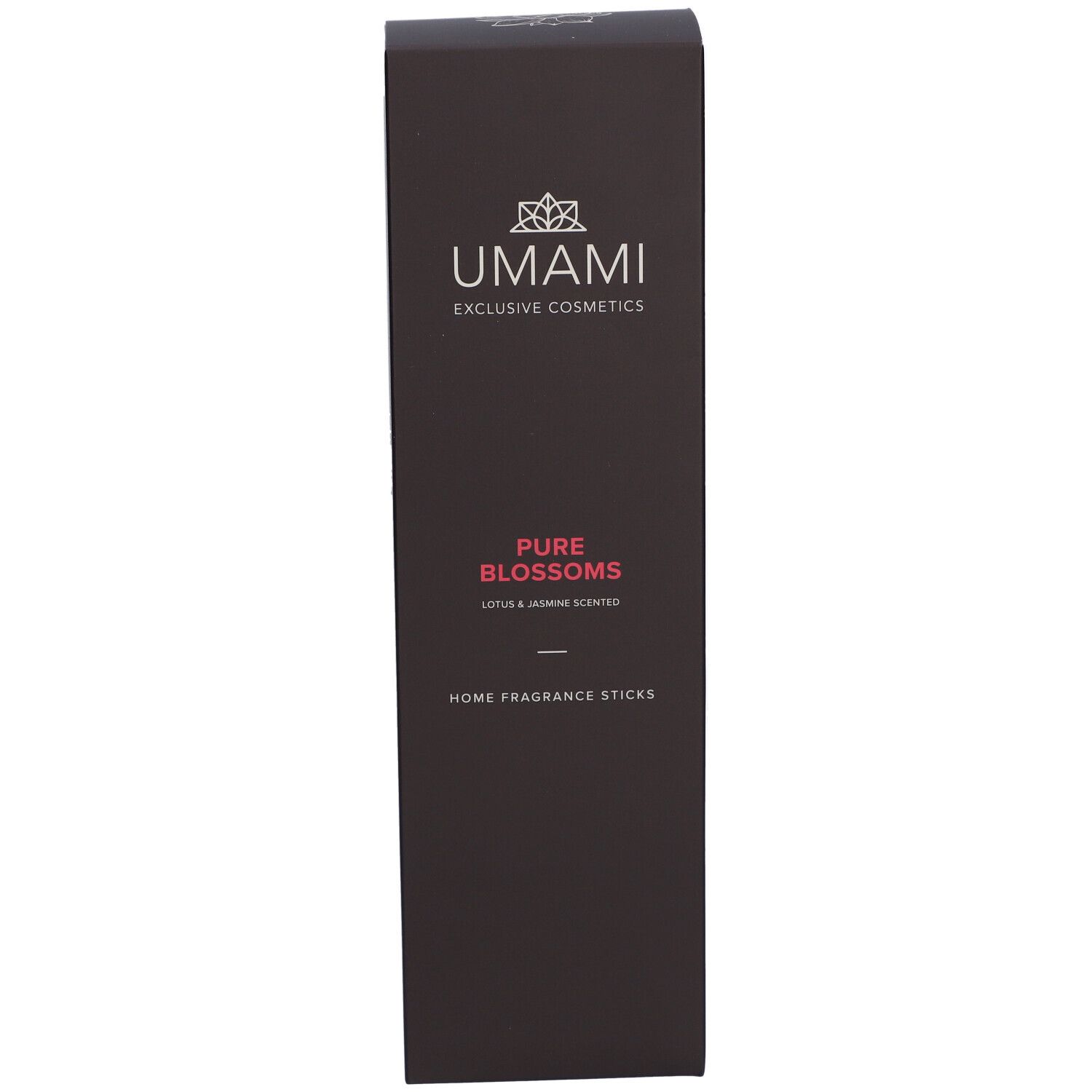 Bruine verpakking met productinformatie. Logo en tekst UMAMI. Productnaam: Pure Blossoms. Geur: Lotus & Jasmin. Home Fragrance Sticks.