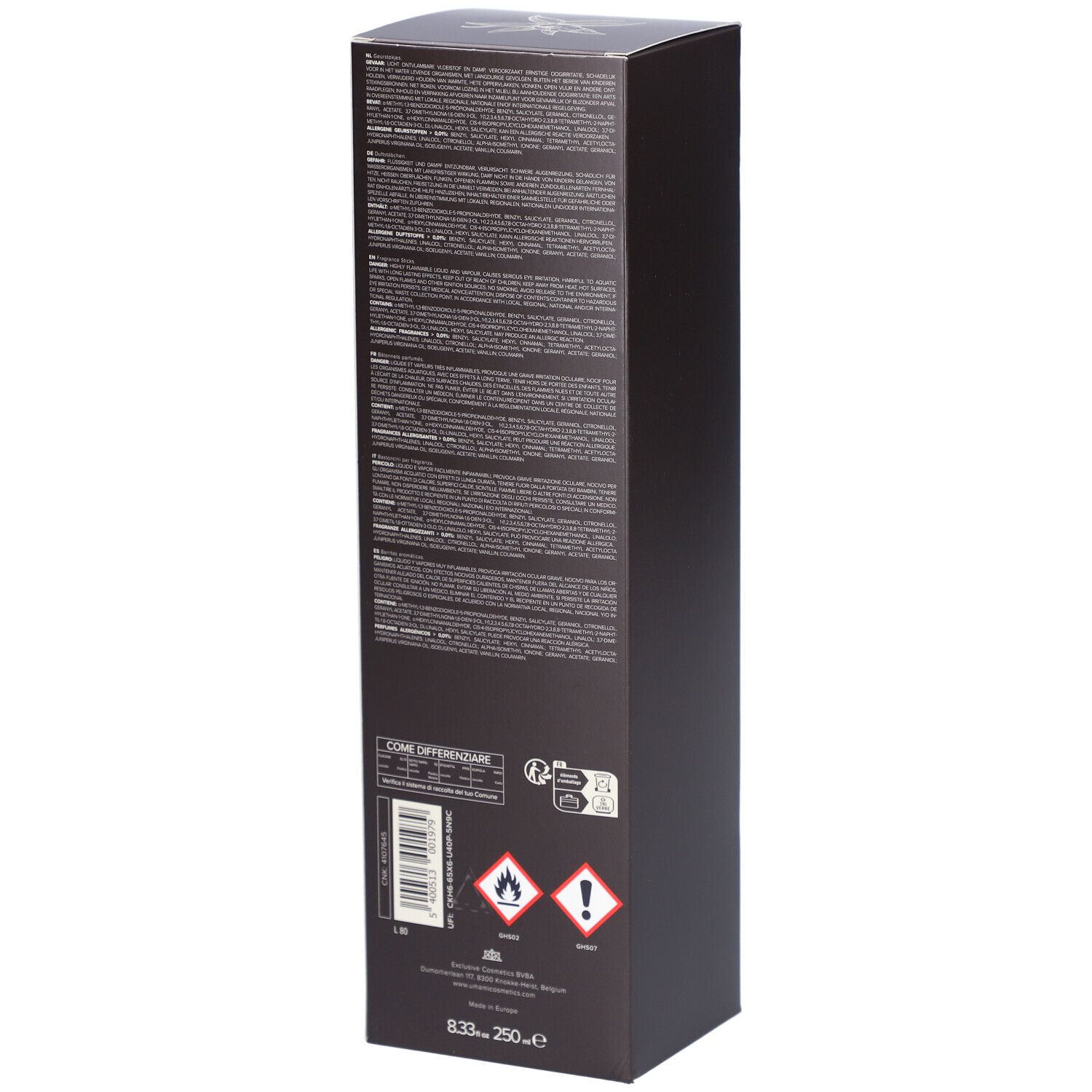 Dunkle rechteckige Verpackung mit Text und Warnsymbolen. Enthält 250 ml.