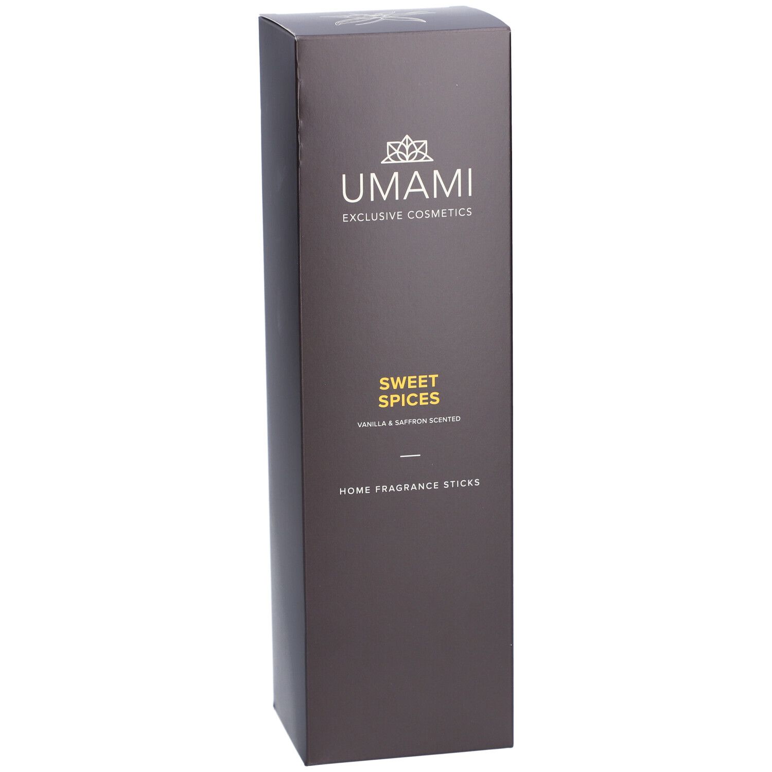 Dunkelgraue Verpackung für UMAMI Home Fragrance Sticks, "Sweet Spices" Duft, Vanille & Safran.