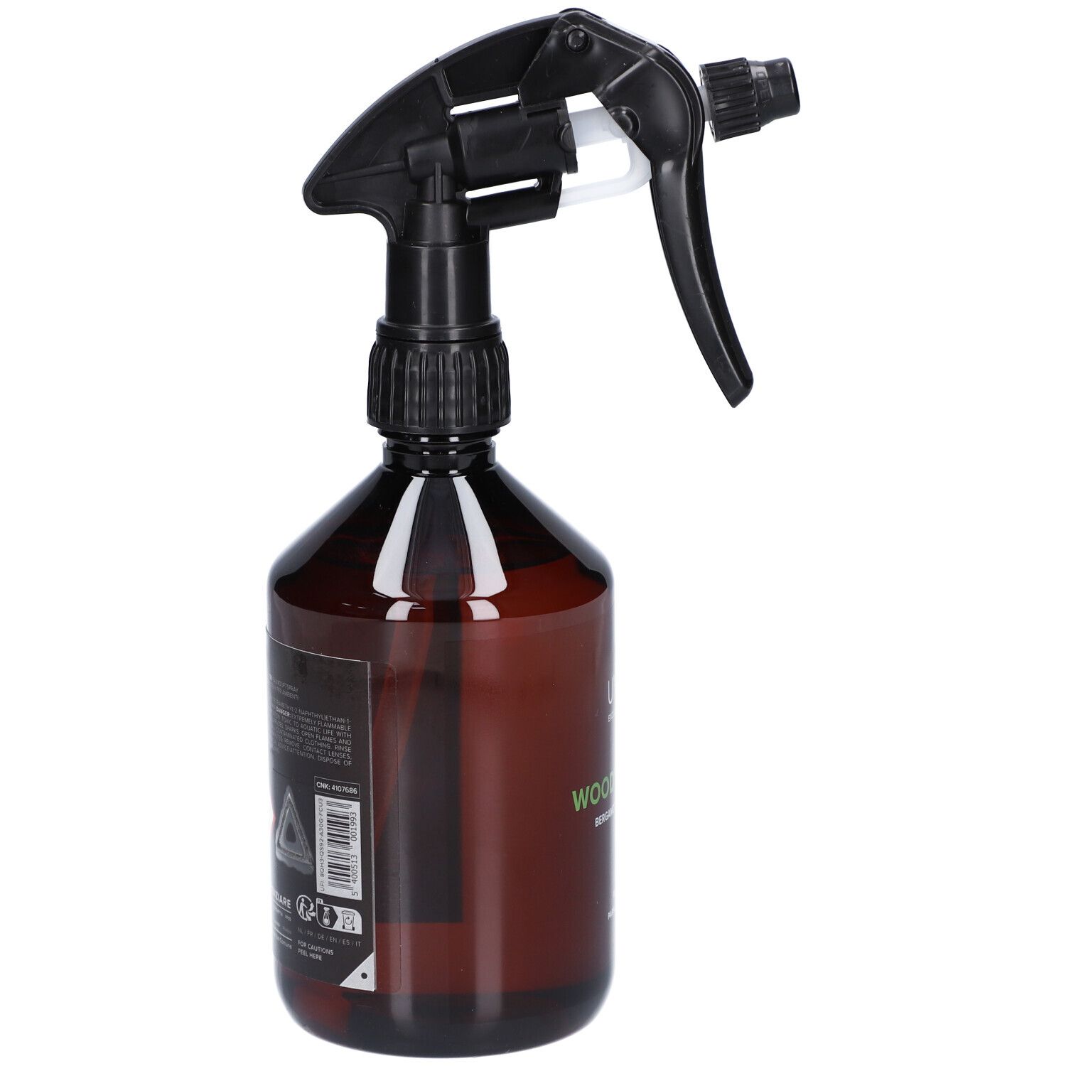 Braune Sprühflasche mit schwarzem Sprühkopf. Seitenansicht. Aufkleber mit Warnsymbolen und Text.