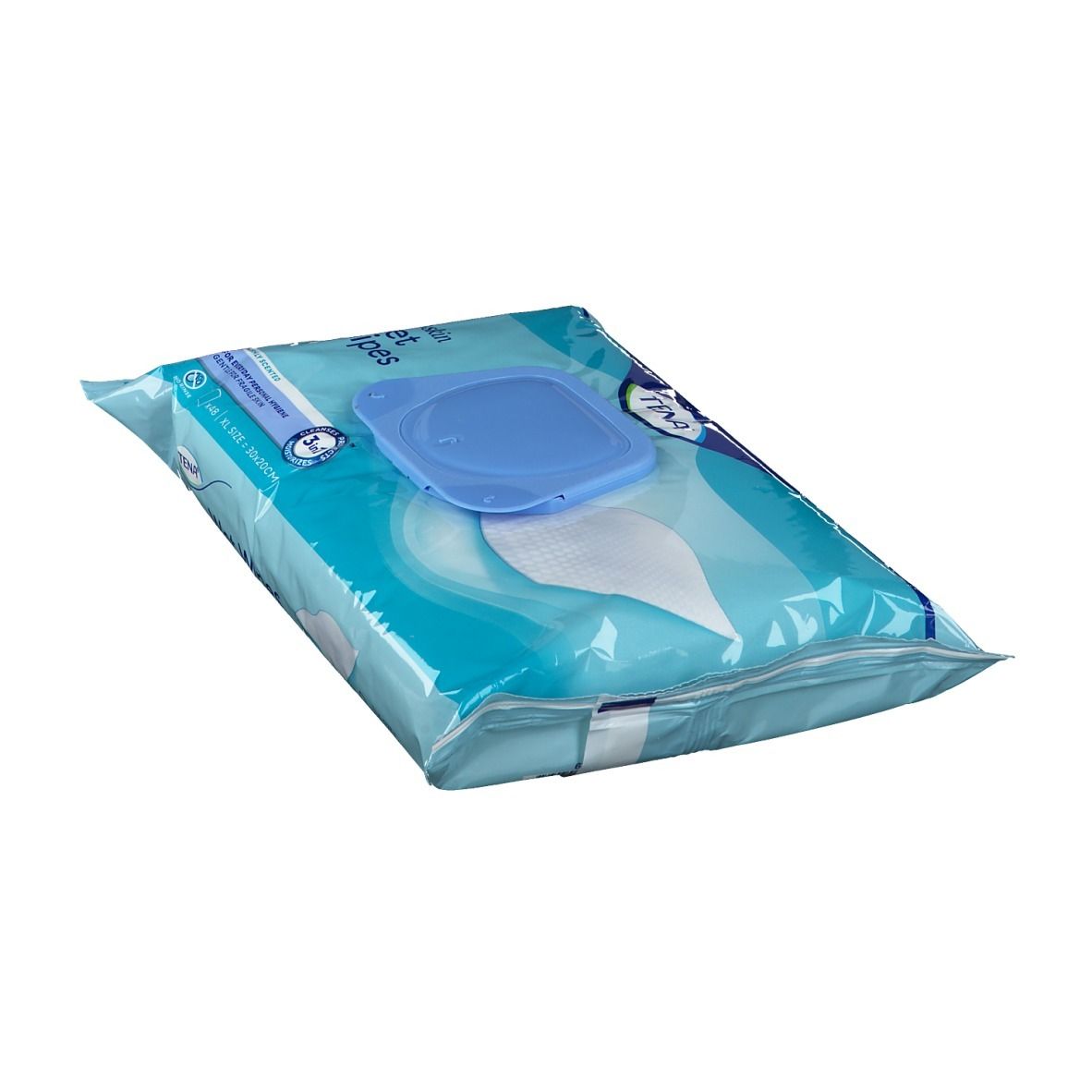 Paquet de lingettes humides TENA ProSkin. Emballage bleu avec couvercle bleu. Inscription : ProSkin Wet Wipes.