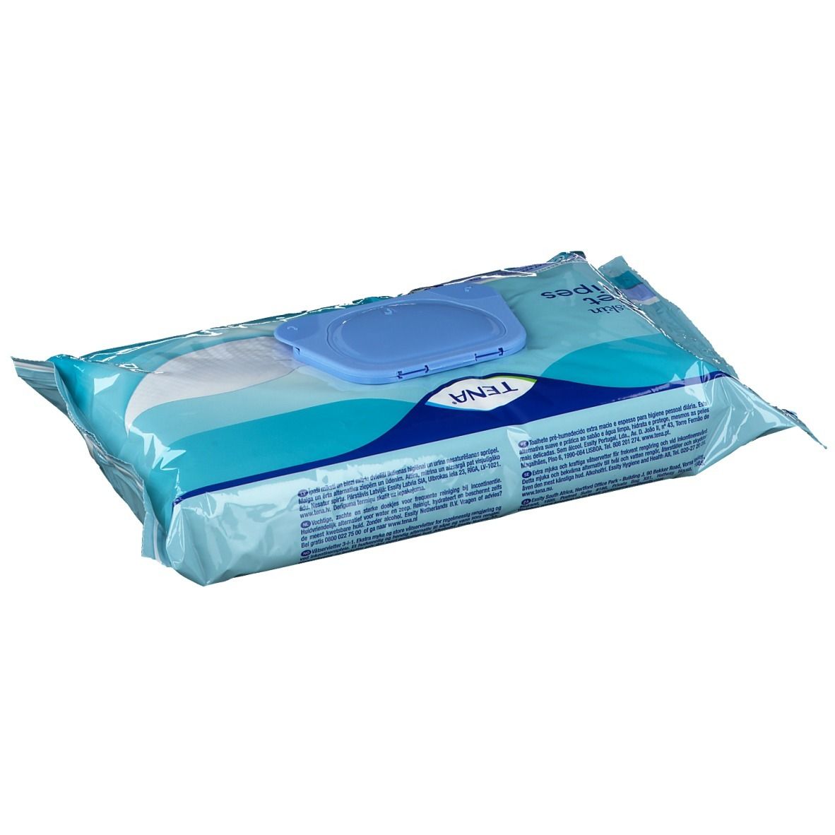 Paquet de lingettes humides TENA ProSkin. Emballage bleu avec couvercle bleu. Inscription : ProSkin Wet Wipes.