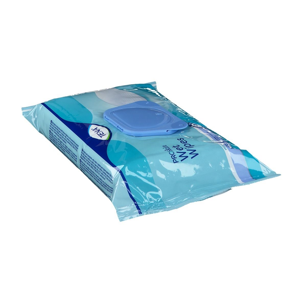 Paquet de lingettes humides TENA ProSkin. Emballage bleu avec couvercle bleu. Inscription : ProSkin Wet Wipes.