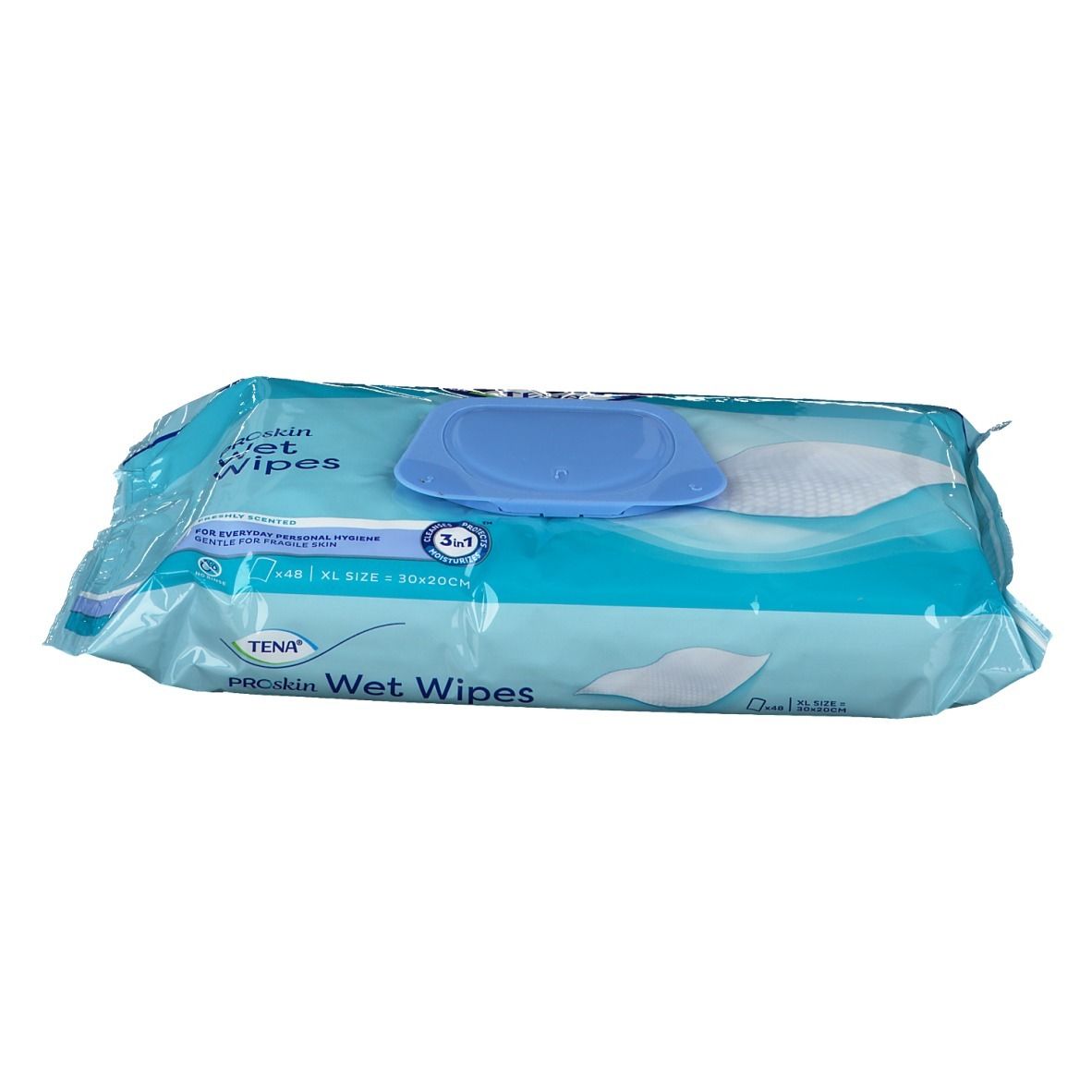 Paquet de lingettes humides TENA ProSkin. Emballage bleu avec couvercle bleu. Inscription : ProSkin Wet Wipes.