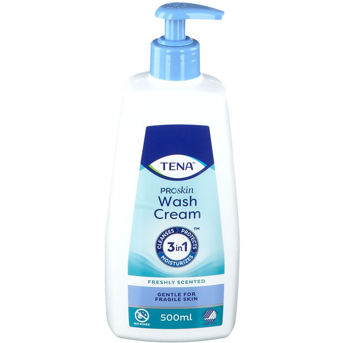 Flacon TENA ProSkin Wash Cream avec pompe. Blanc, étiquette bleue avec nom du produit et logo 3-en-1. 500ml.