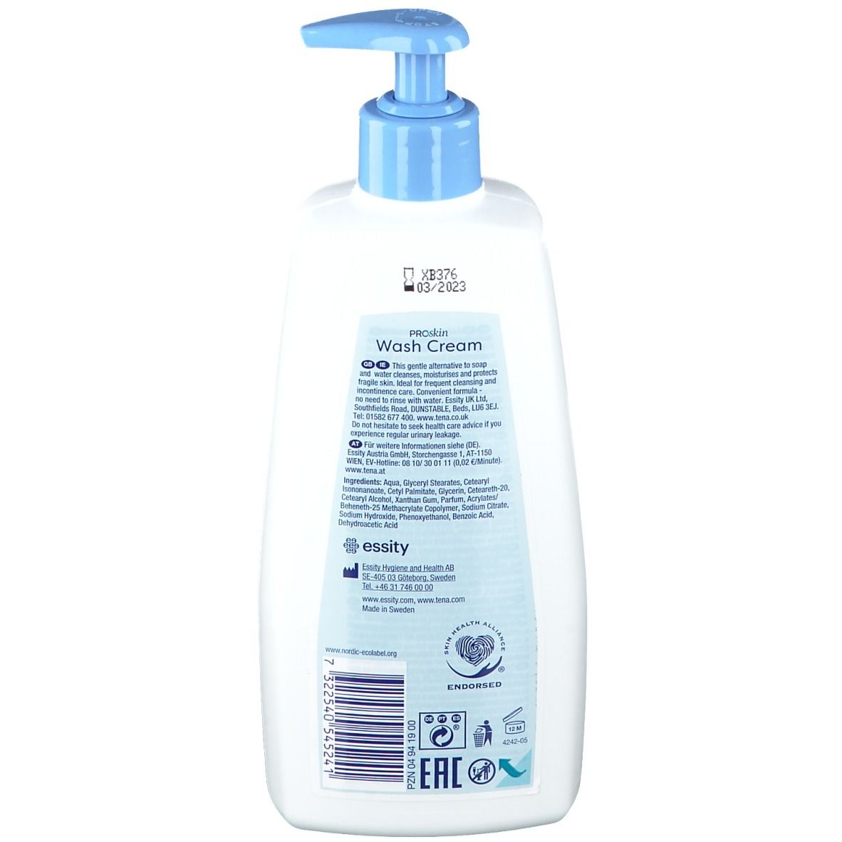 Dos du flacon TENA ProSkin Wash Cream. Blanc, avec informations produit, ingrédients et logos. Avec pompe.
