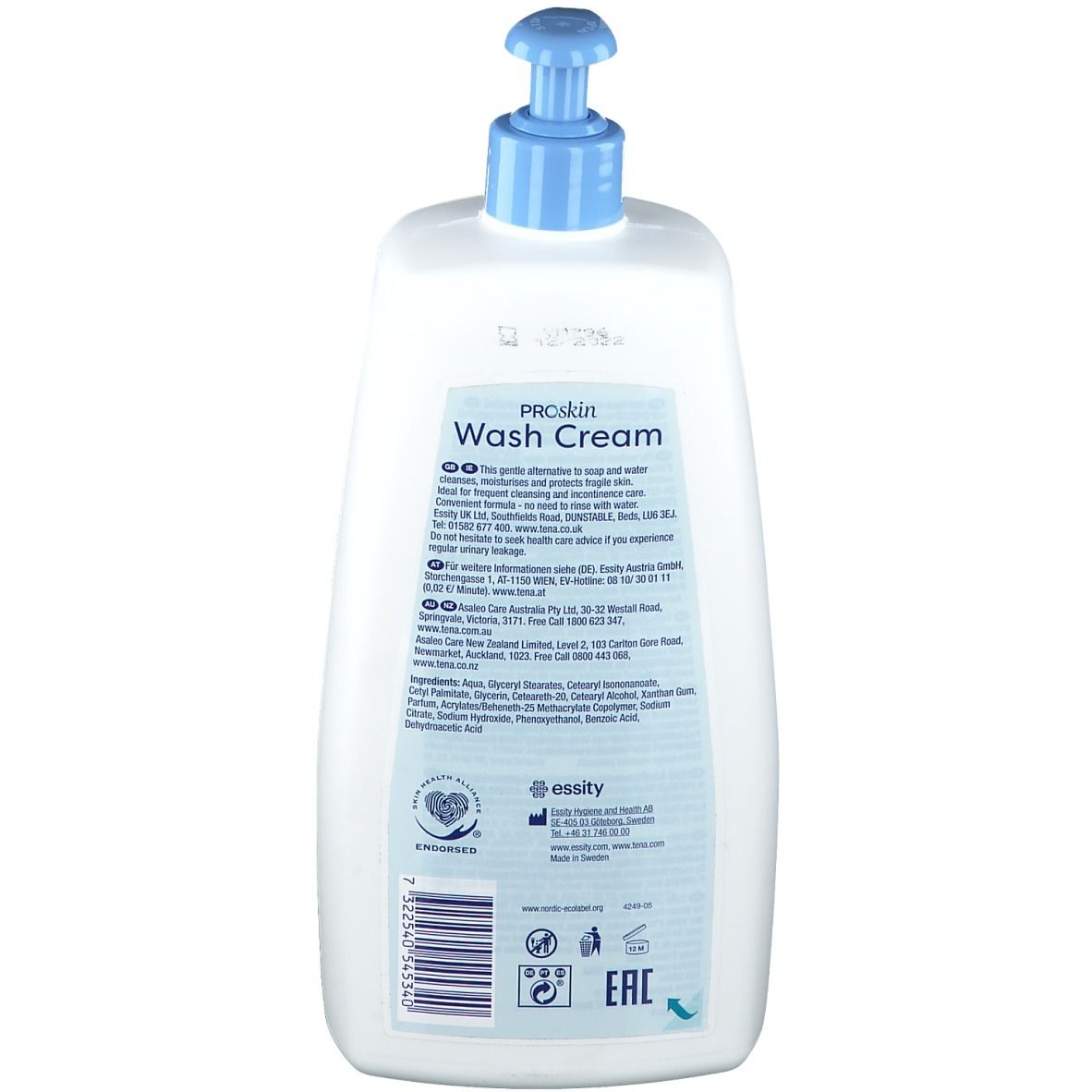 Rückseite der weißen Flasche. Text mit Produktinformationen und Inhaltsstoffen. Barcode und Logos.