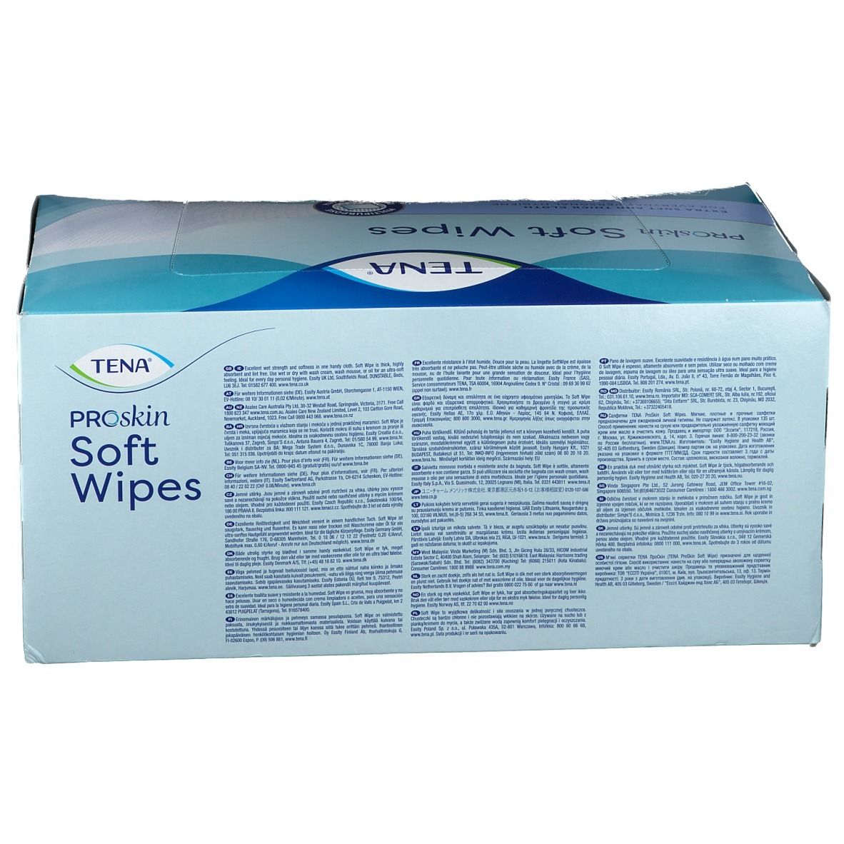 Dos de la boîte "TENA ProSkin Soft Wipes". Boîte bleue avec texte multilingue. Nom du produit et logo.