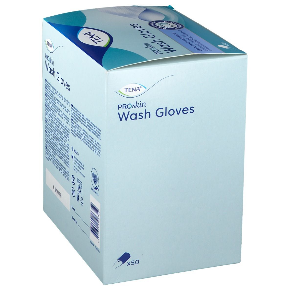Doos TENA Proskin washandjes. Blauw en witte verpakking met productnaam en logo. Bevat 50 stuks.