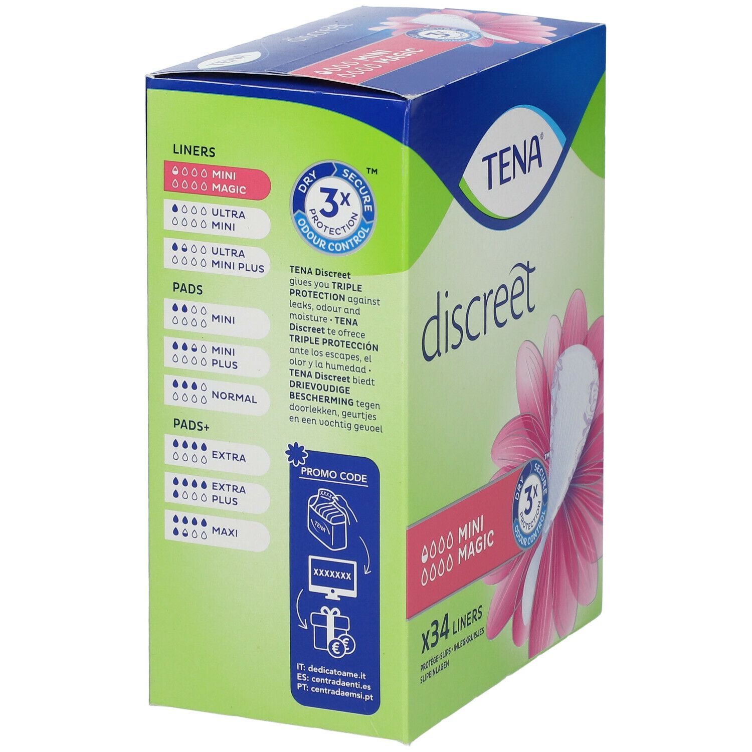 Zijkant van de TENA Discreet verpakking. Productinformatie en een lijst van verschillende producten. Zichtbaar: TENA, discreet, x34 inlegkruisjes.