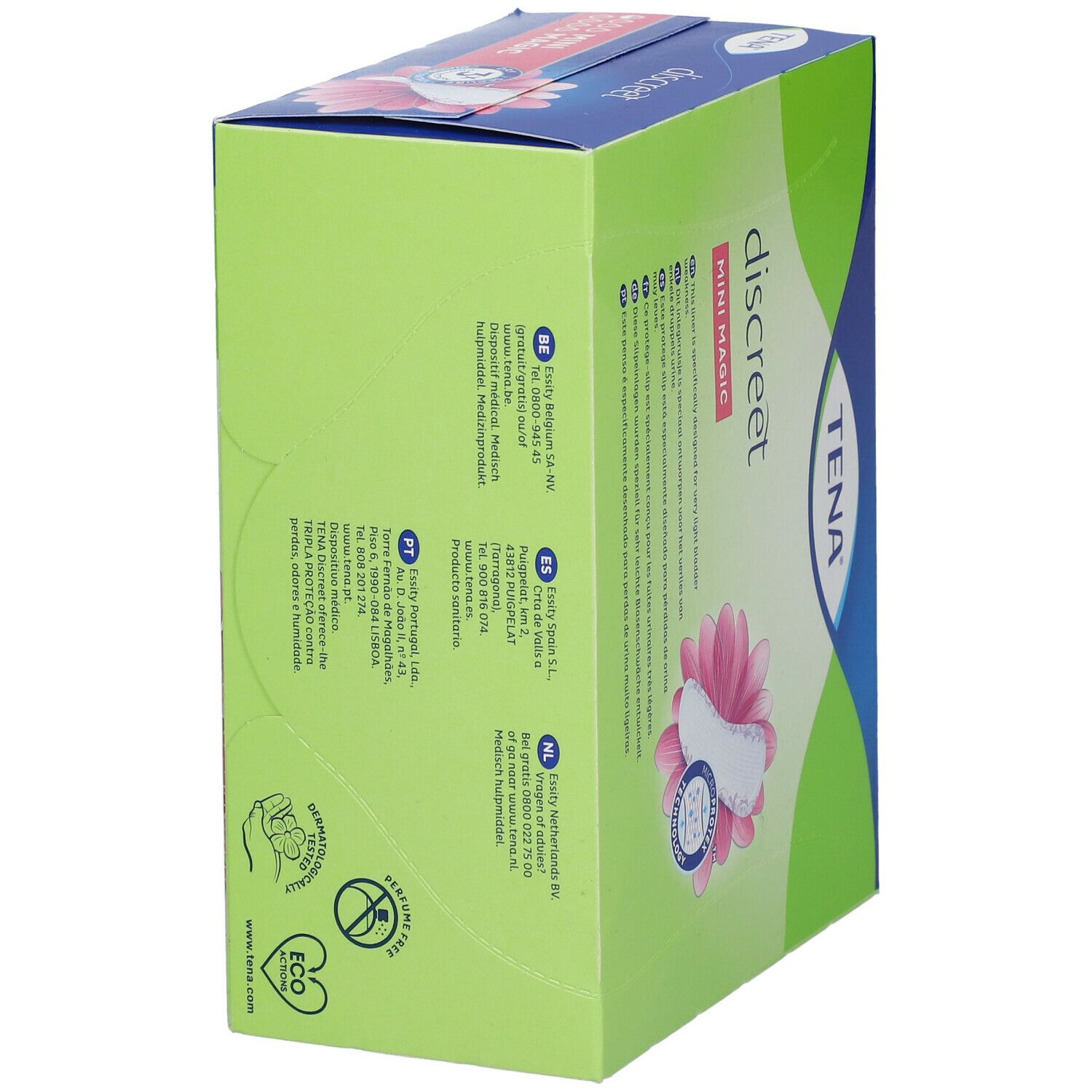 Zijkant van de TENA Discreet verpakking. Productinformatie en logo's. Zichtbaar: TENA, discreet, Eco-logo, x34 inlegkruisjes.