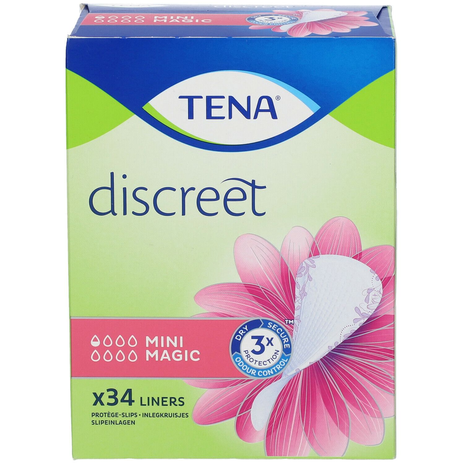 Verpakking van TENA Discreet Mini Magic. Groen-wit ontwerp met productafbeelding en x34 inlegkruisjes. Zichtbaar: TENA, discreet, Mini Magic.