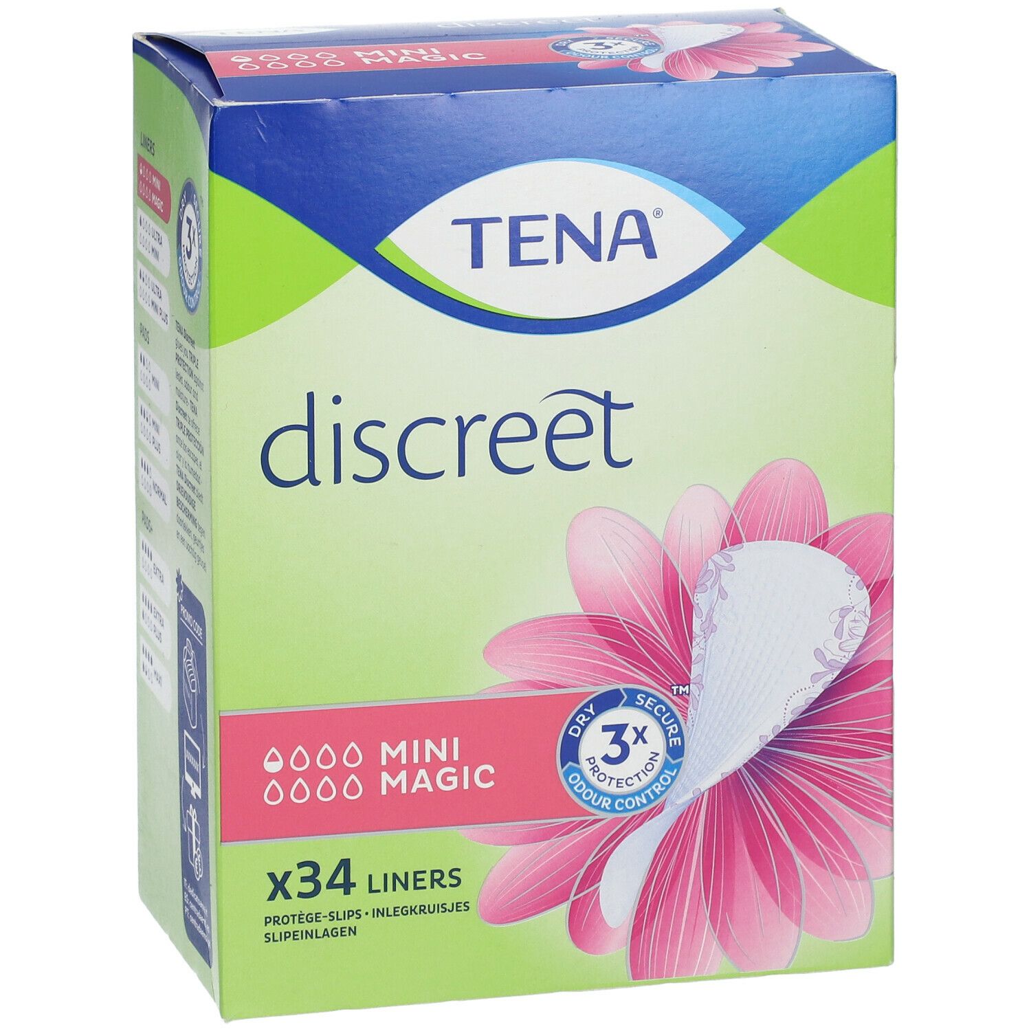 Verpakking van TENA Discreet Mini Magic. Groen-wit ontwerp met productafbeelding en x34 inlegkruisjes. Zichtbaar: TENA, discreet, Mini Magic.