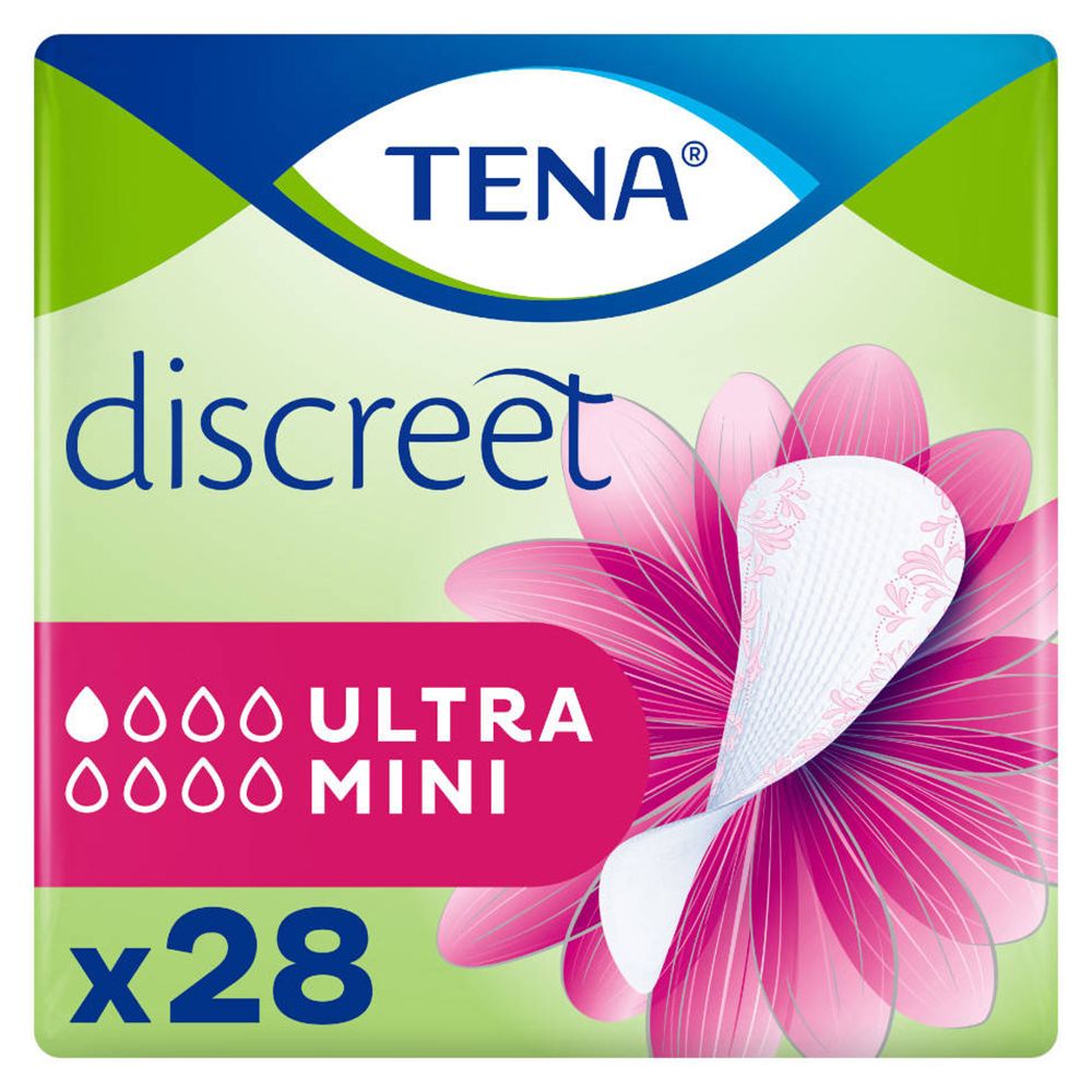 Verpakking TENA discreet Ultra Mini, x28. Roze-wit design met bloem. Opschrift 'Ultra Mini' en TENA logo.