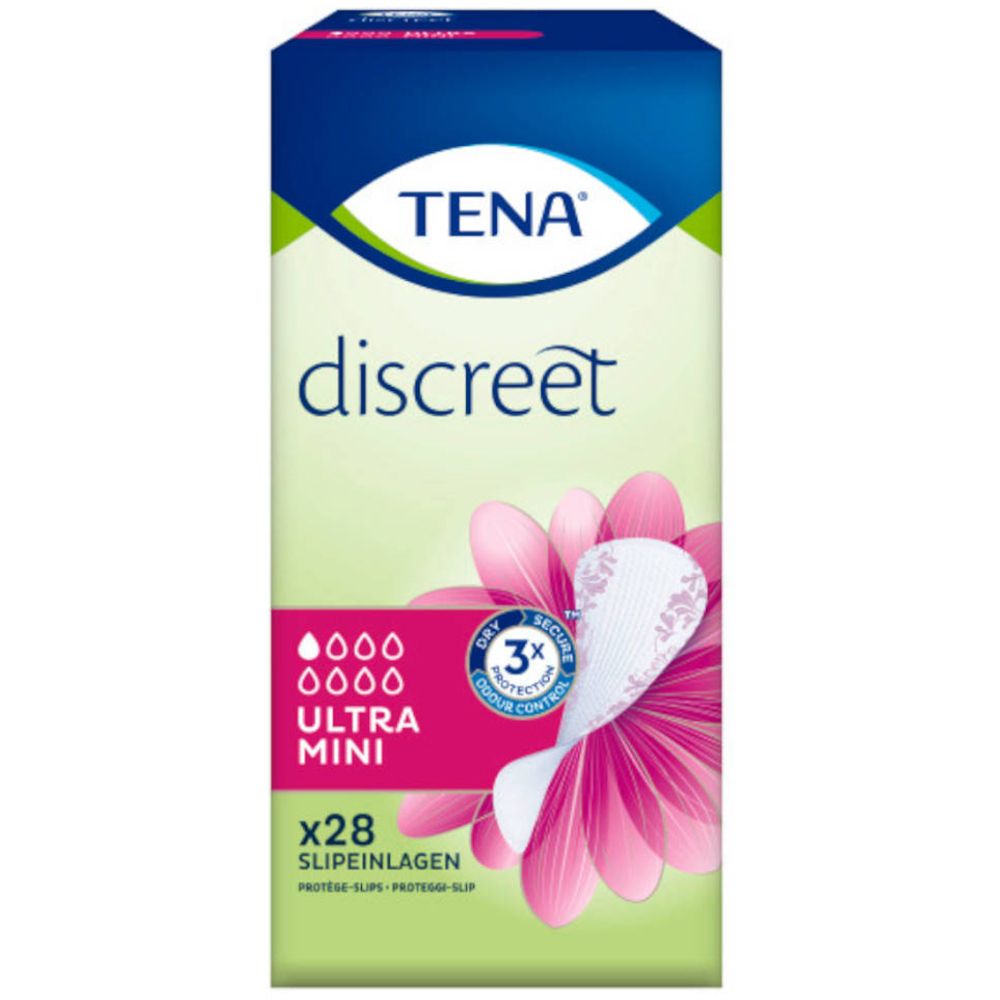Verpakking TENA discreet Ultra Mini, x28. Design met product en bloem. Opschrift 'Ultra Mini' en TENA logo.
