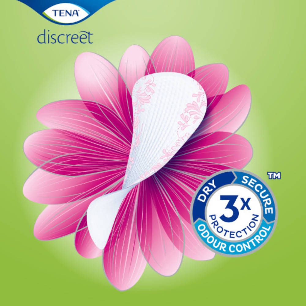 Inlegkruisje met bloemmotief. Merk TENA. Design 'Dry Secure Odour Control'. Roze-groene achtergrond.