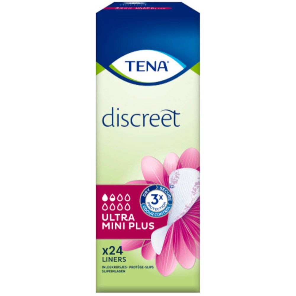 TENA Discreet Ultra Mini Plus, verpakking met 24 inlegkruisjes. Verpakking met bloemmotief.