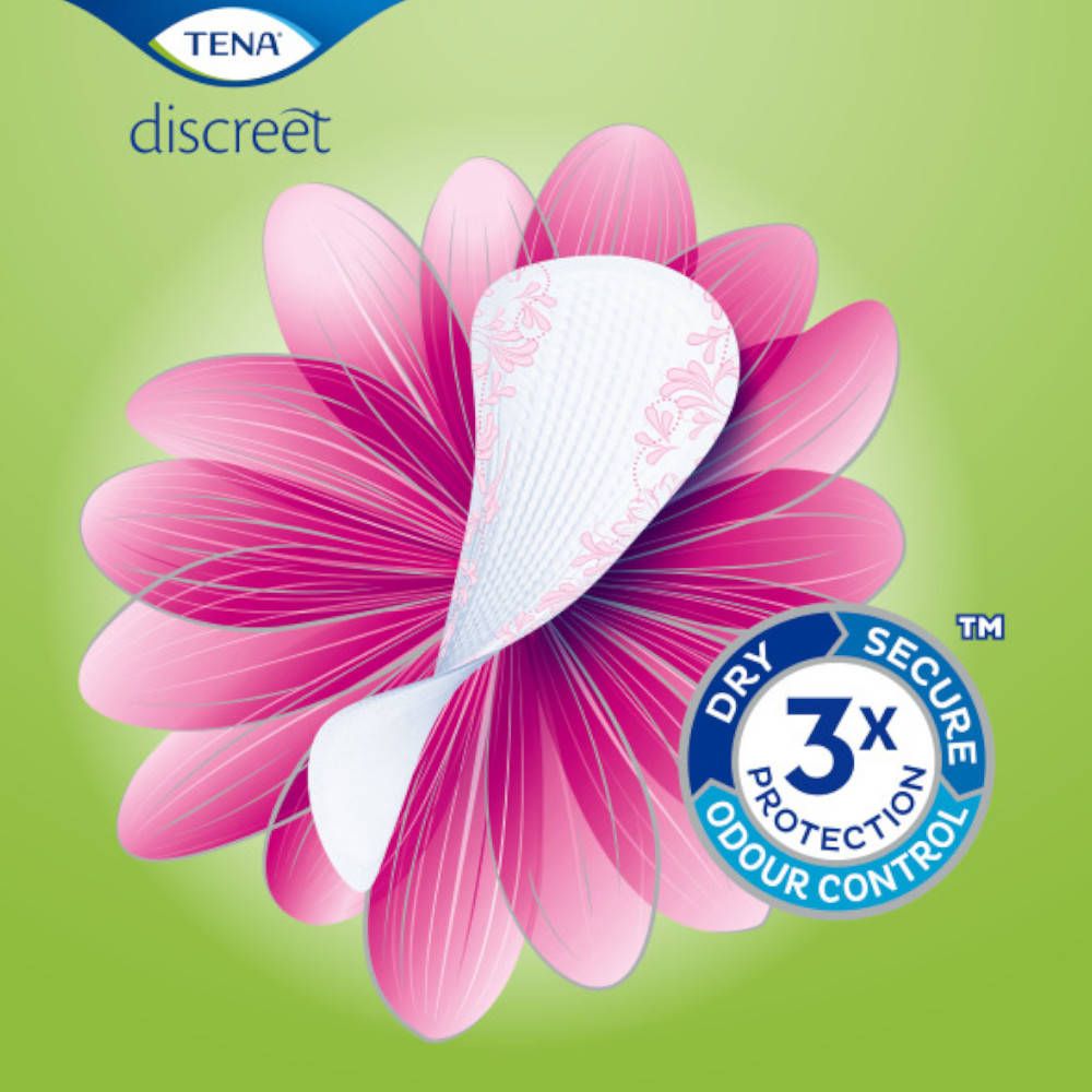 TENA Discreet Ultra Mini Plus, inlegkruisje met roze bloemmotief en 3x bescherming.