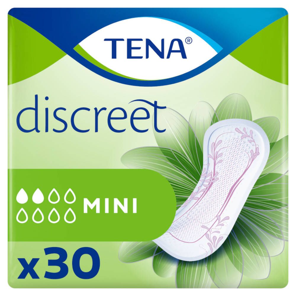 TENA Discreet Mini, verpakking van 30 inlegkruisjes. Groen-witte verpakking met productafbeelding en druppelsymbolen.