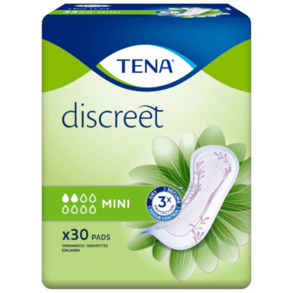 TENA Discreet Mini, verpakking van 30 inlegkruisjes. Verpakking met productafbeelding en 3X beschermingslogo. Groen-wit design.