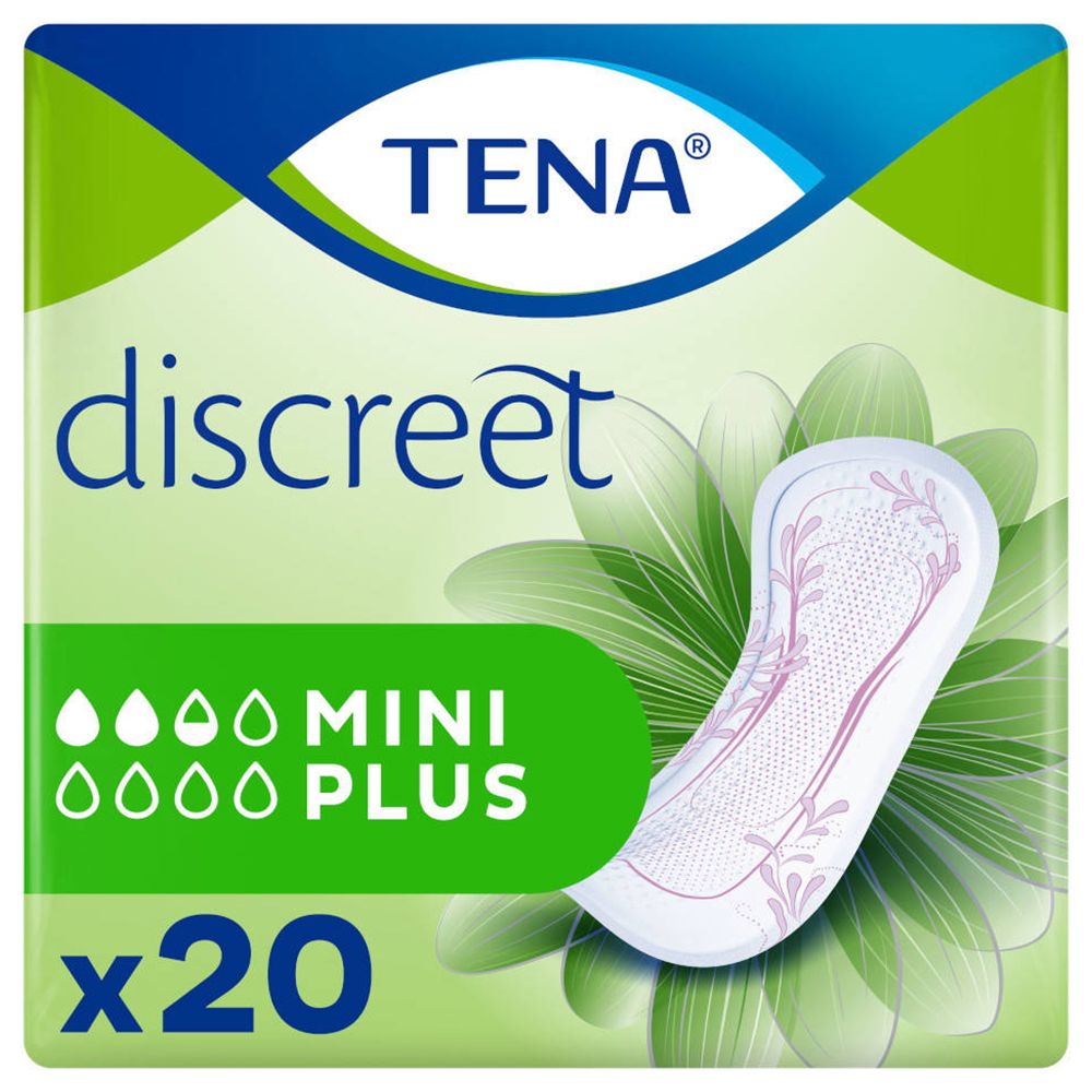 TENA Discreet Mini Plus, paquet de 20 serviettes. Design vert et blanc avec image du produit et logo.