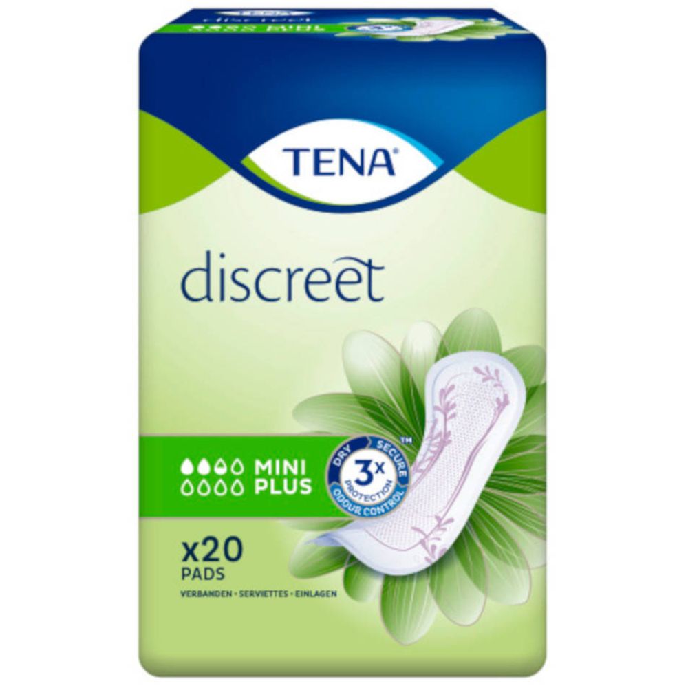 TENA Discreet Mini Plus, paquet de 20 serviettes. Image du produit et logo sur fond vert et blanc.