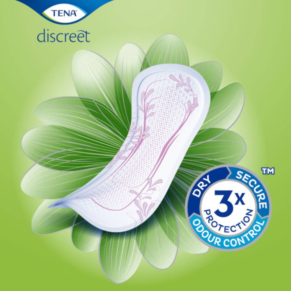 Serviette TENA Discreet Mini Plus, sur fond vert, avec logo et symbole 3x protection.