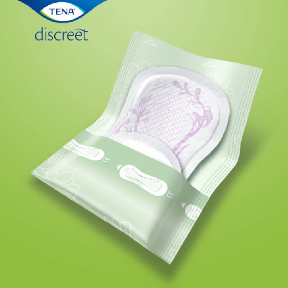 Serviettes TENA Discreet Mini Plus dans un emballage ouvert. Image du produit visible.