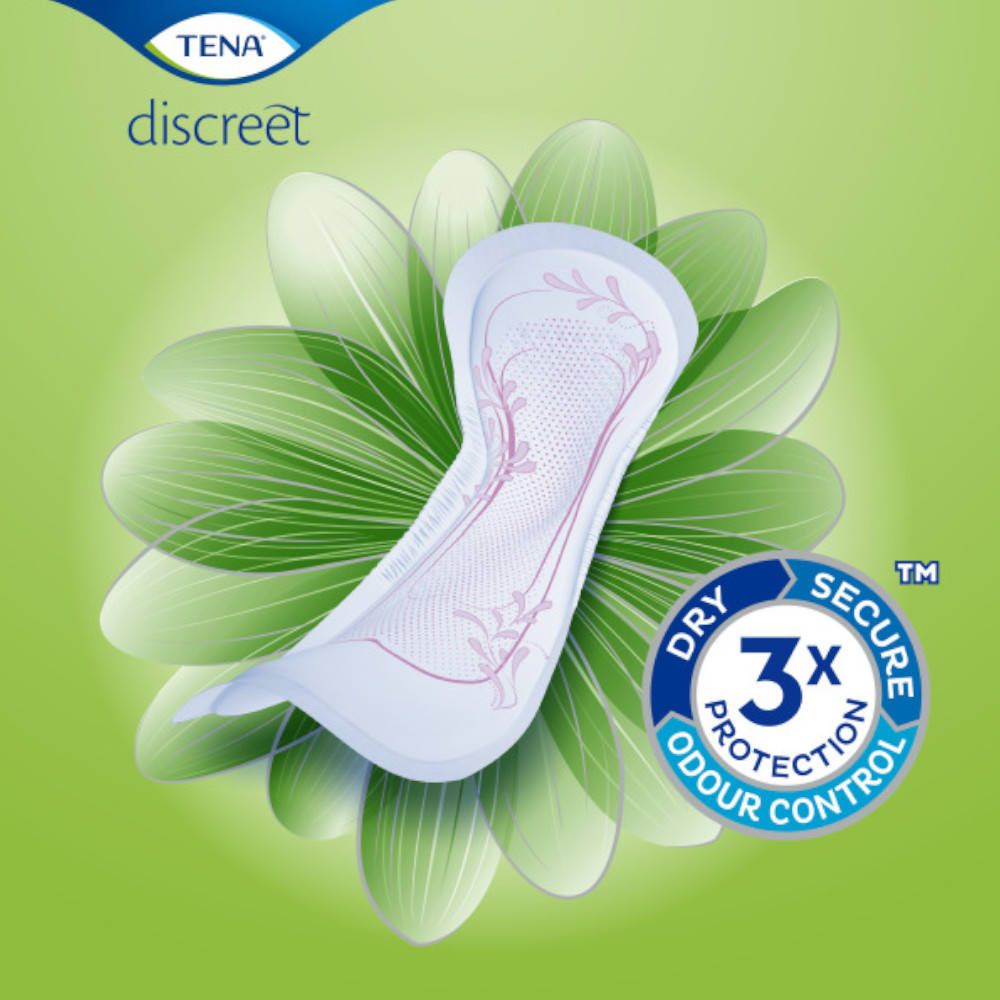 TENA Discreet Normal. Serviette blanche avec motif rose, sur fond vert. Logo et symbole 3x protection.