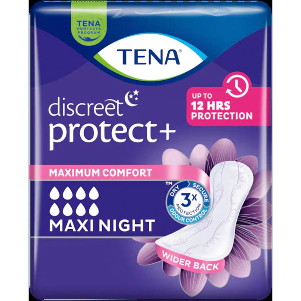 TENA Discreet protect+ Maxi Night verpakking. Paarse verpakking met productafbeelding en tekst. 12 nachtverbanden.