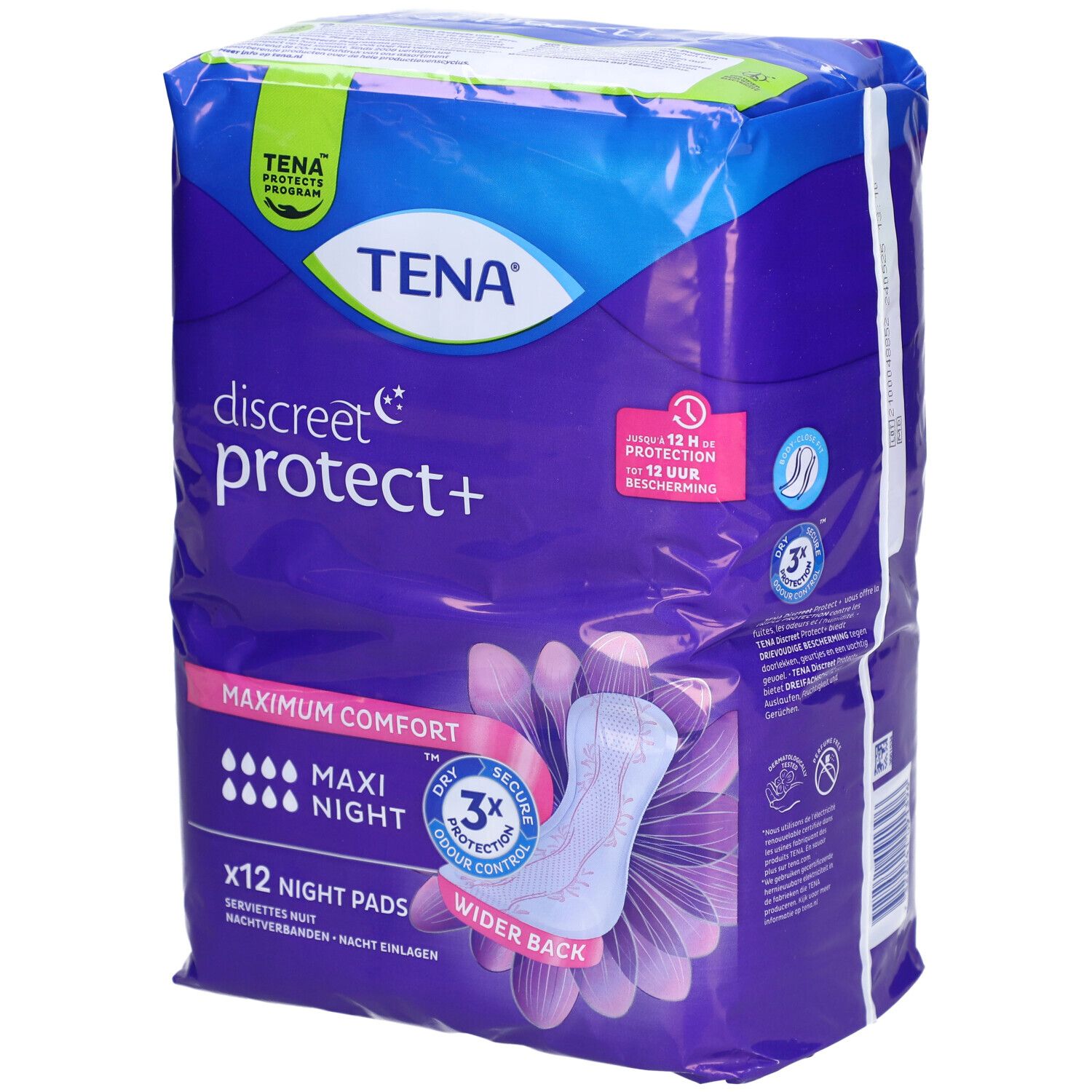 Verpakking TENA Discreet protect+ Maxi Night. Paarse verpakking met productafbeelding en tekst. 12 nachtverbanden.