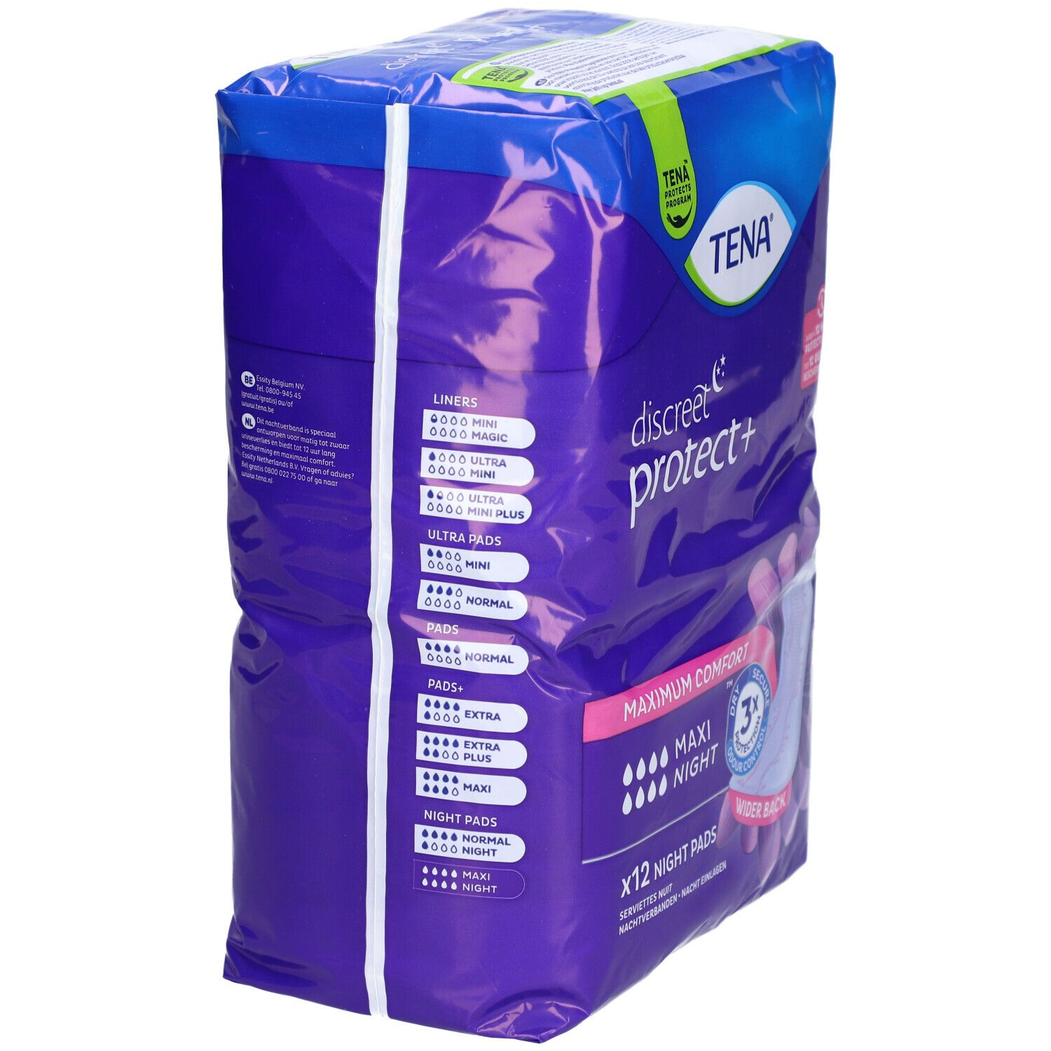 Achterkant van de TENA Discreet protect+ Maxi Night verpakking. Productinformatie en maten op paarse achtergrond.