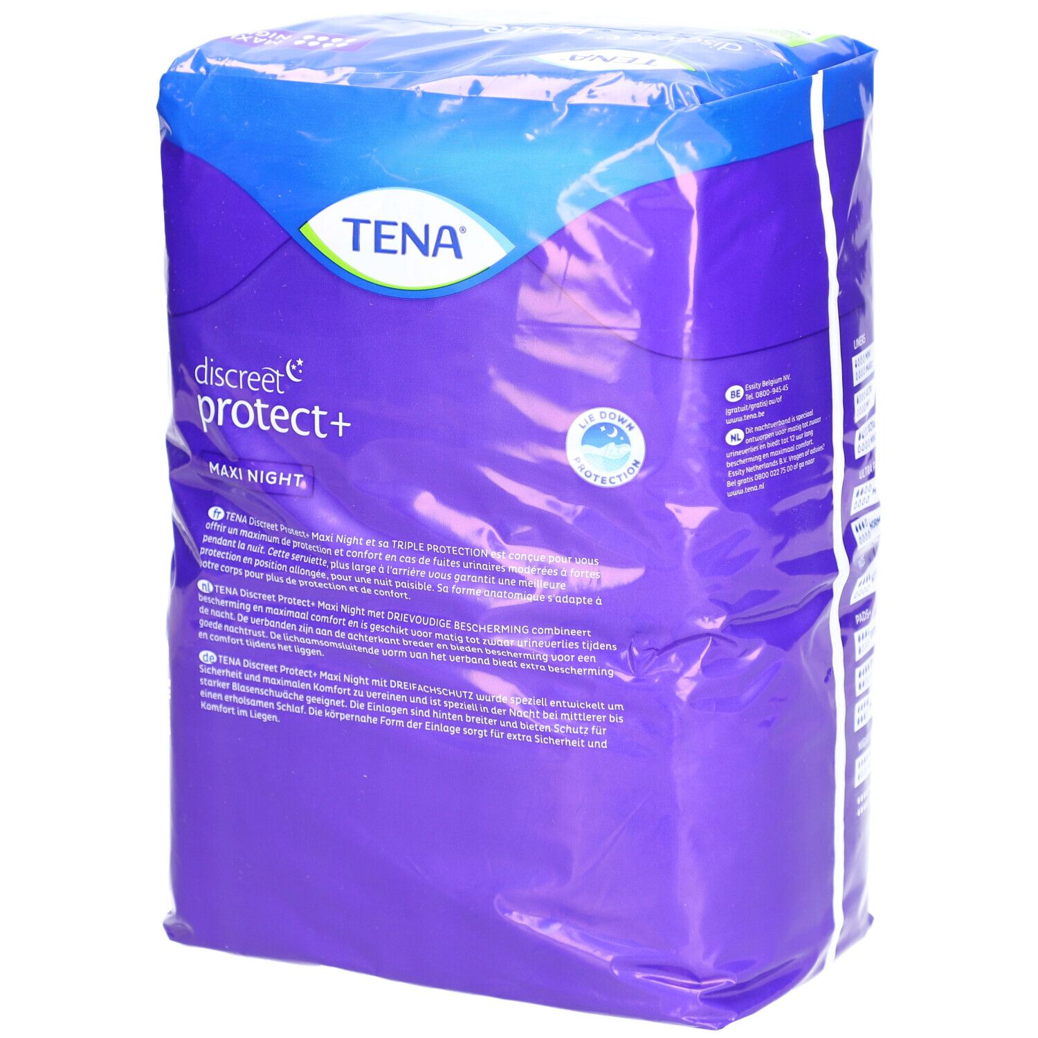 Achterkant van de TENA Discreet protect+ Maxi Night verpakking. Tekst en productinformatie op paarse achtergrond.