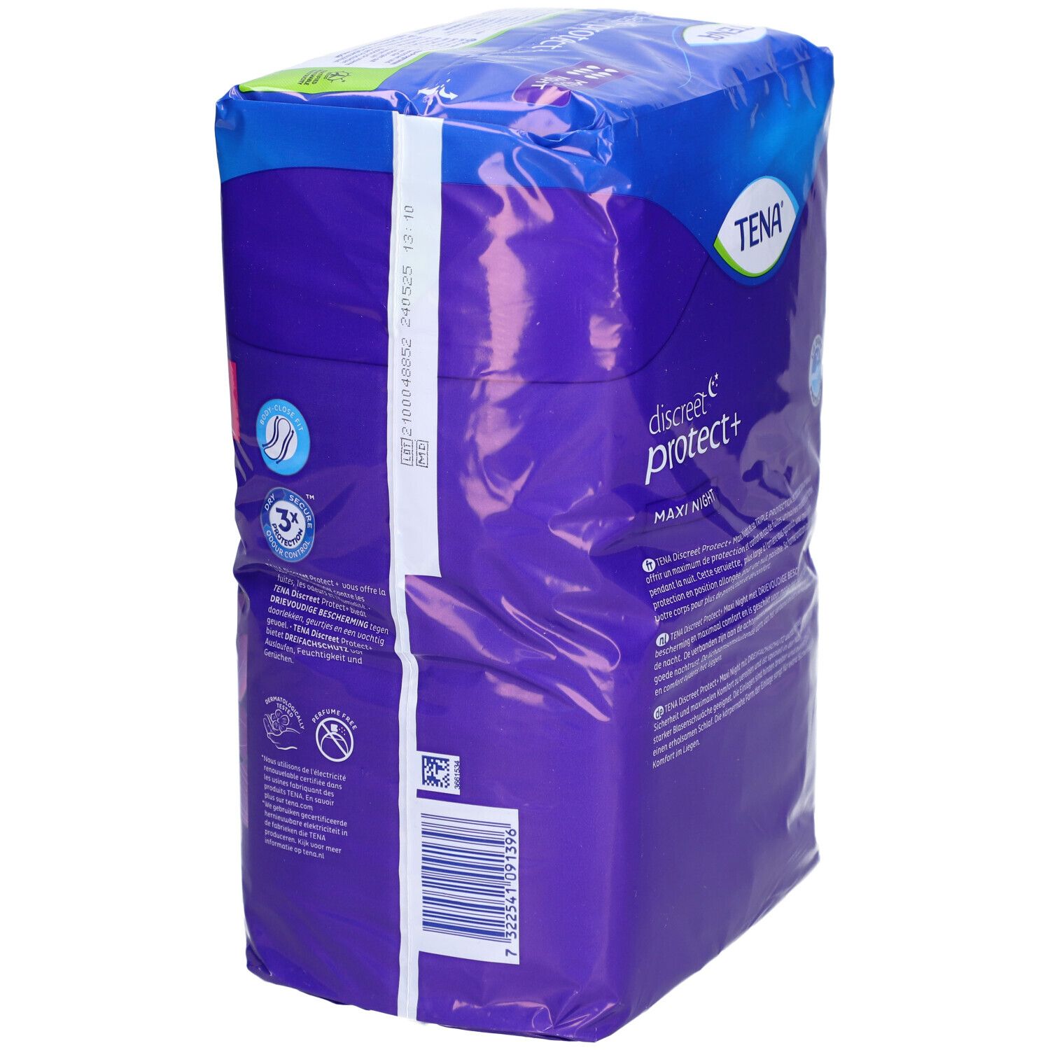 Zijaanzicht van de TENA Discreet protect+ Maxi Night verpakking. Productinformatie en barcode op paarse achtergrond.